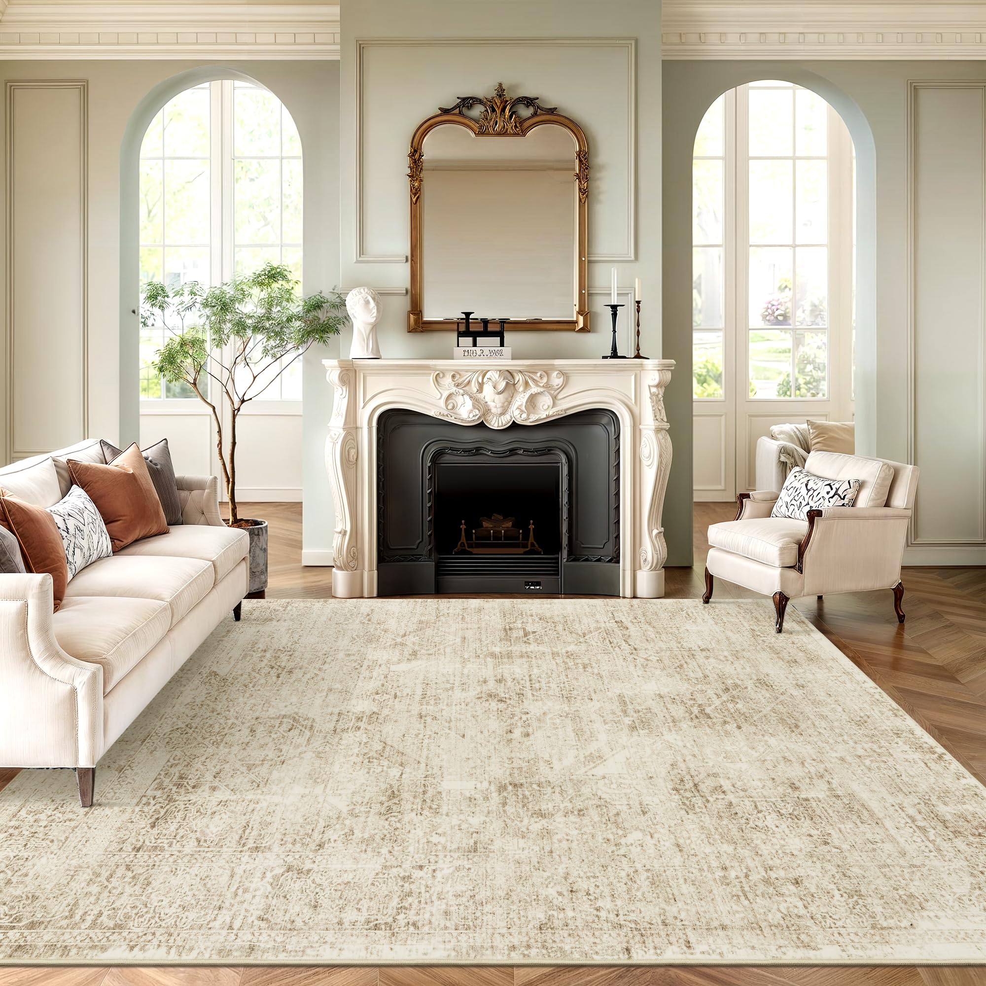 Washable Area Rug 8x10, Large Soft Rugs for Living Room Vintage Beige Carpet 8x10 Area Rugs for Bedroom Dining Room Non-Slip Stain Resistant Under Table Rug