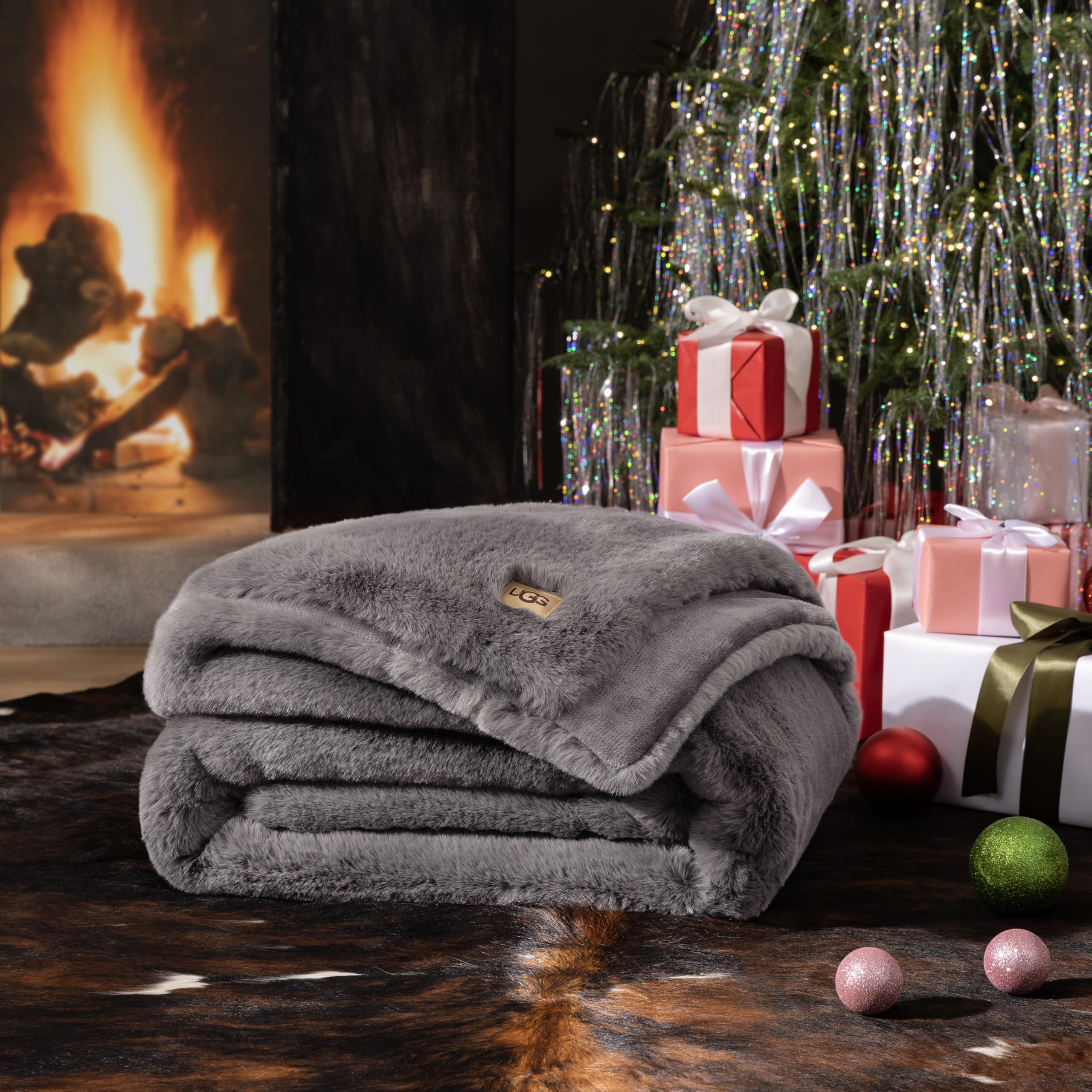 UGG Plush Faux Fur Throw Blanket Reversible Medium Weight Luxury Soft Throw Blankets for Bed or Chair, Hypoallergenic, Machine Washable, Home Decor, 50-inch x 70-inch, Charcoal Dark Grey (Euphoria)