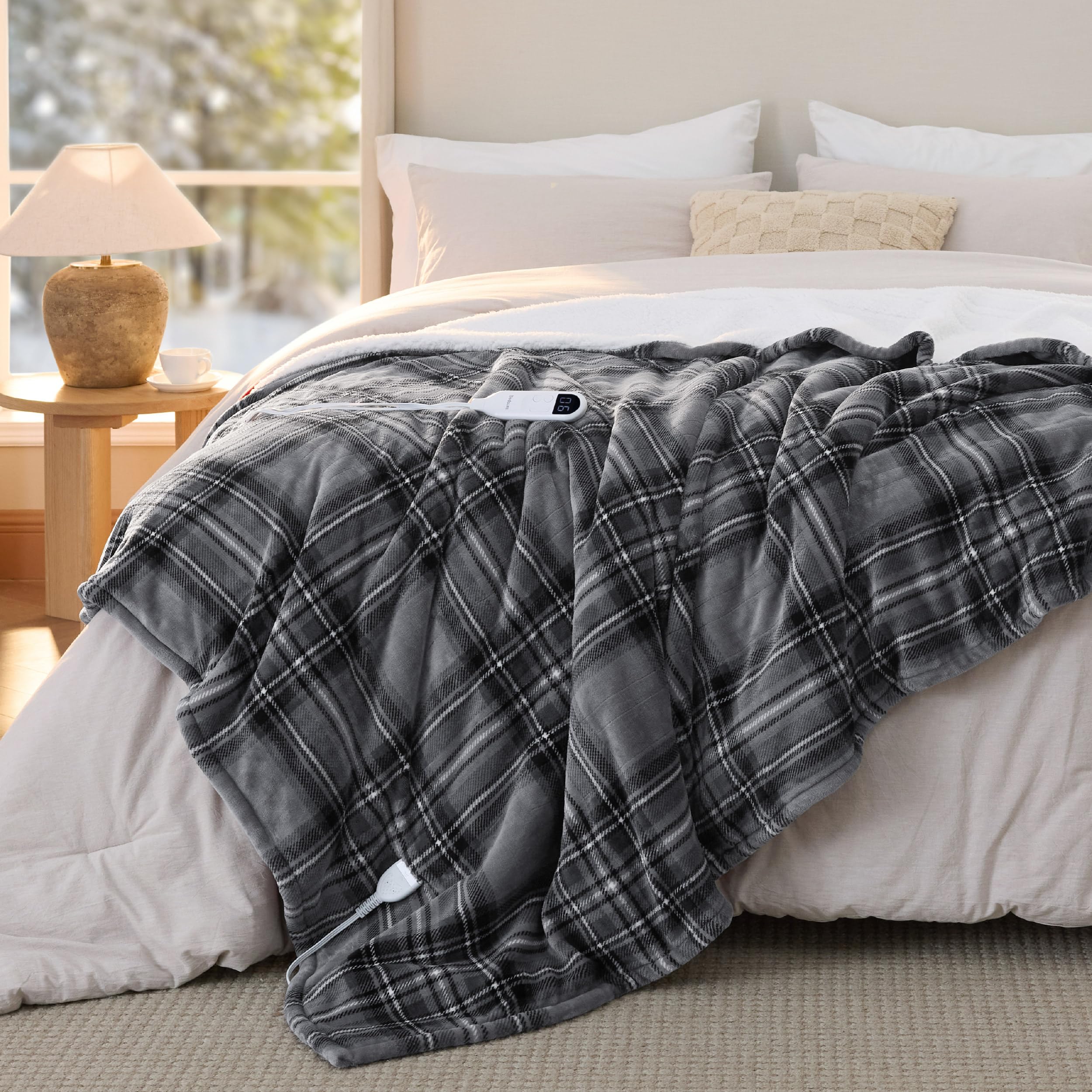 Bedsure GentleSoft Heated Blanket Electric Throw - Soft Ribbed Flannel Electric Blanket, Heating with 4 Time Settings, 6 Heat Levels, 3 hrs Timer Auto Shut Off, Gifts for Grandma (50x60 inches, Grey)