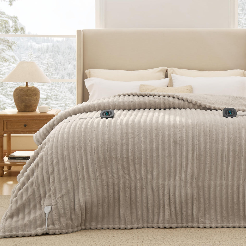 Bedsure GentleSoft Heated Blanket Electric Throw - Soft Ribbed Flannel Electric Blanket, Heating with 4 Time Settings, 6 Heat Levels, 3 hrs Timer Auto Shut Off, Gifts for Grandma (50x60 inches, Grey)