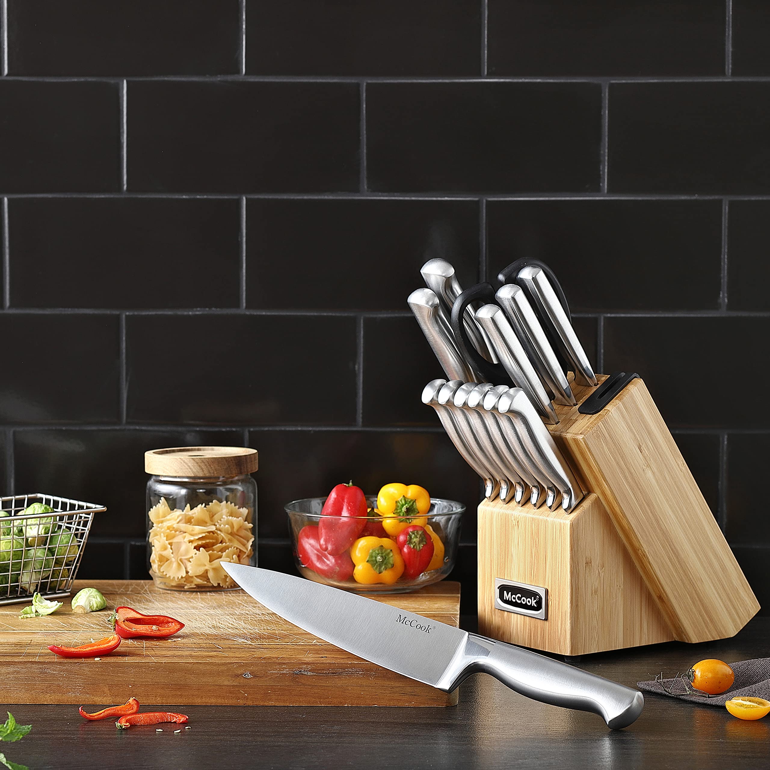 McCook® Knife Sets, German Stainless Steel Kitchen Knife Block Sets with Built-in Sharpener