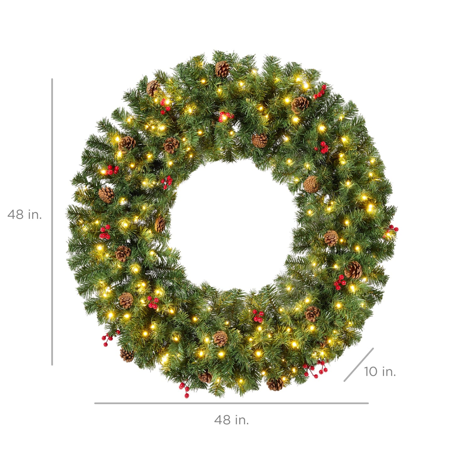 Best Choice Products 48in Large Artificial Pre-Lit Fir Christmas Wreath Holiday Accent Decoration w/ 200 LED Lights, 714 PVC Tips