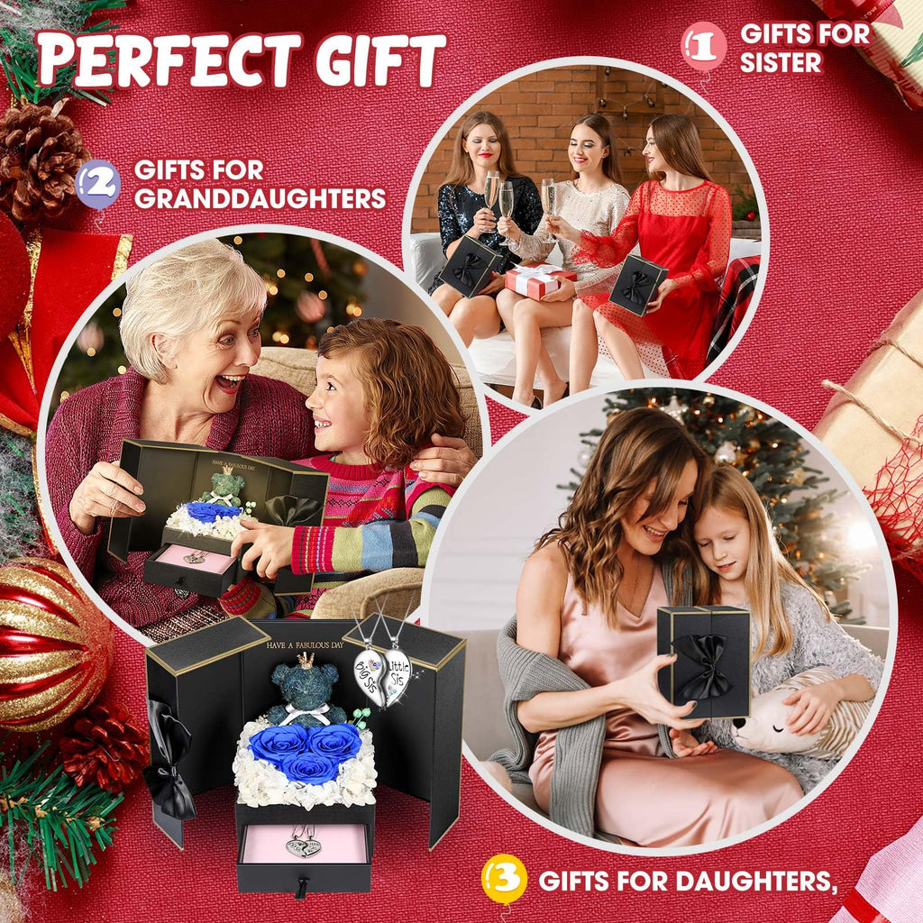 ADDWel Rose Gifts for Women Birthday Christmas - Preserved Real Roses Forever Red Flowers with I Love You in 100 Languages Necklace and Cute Moss Bear for Girlfriend Wife Mom Grandma