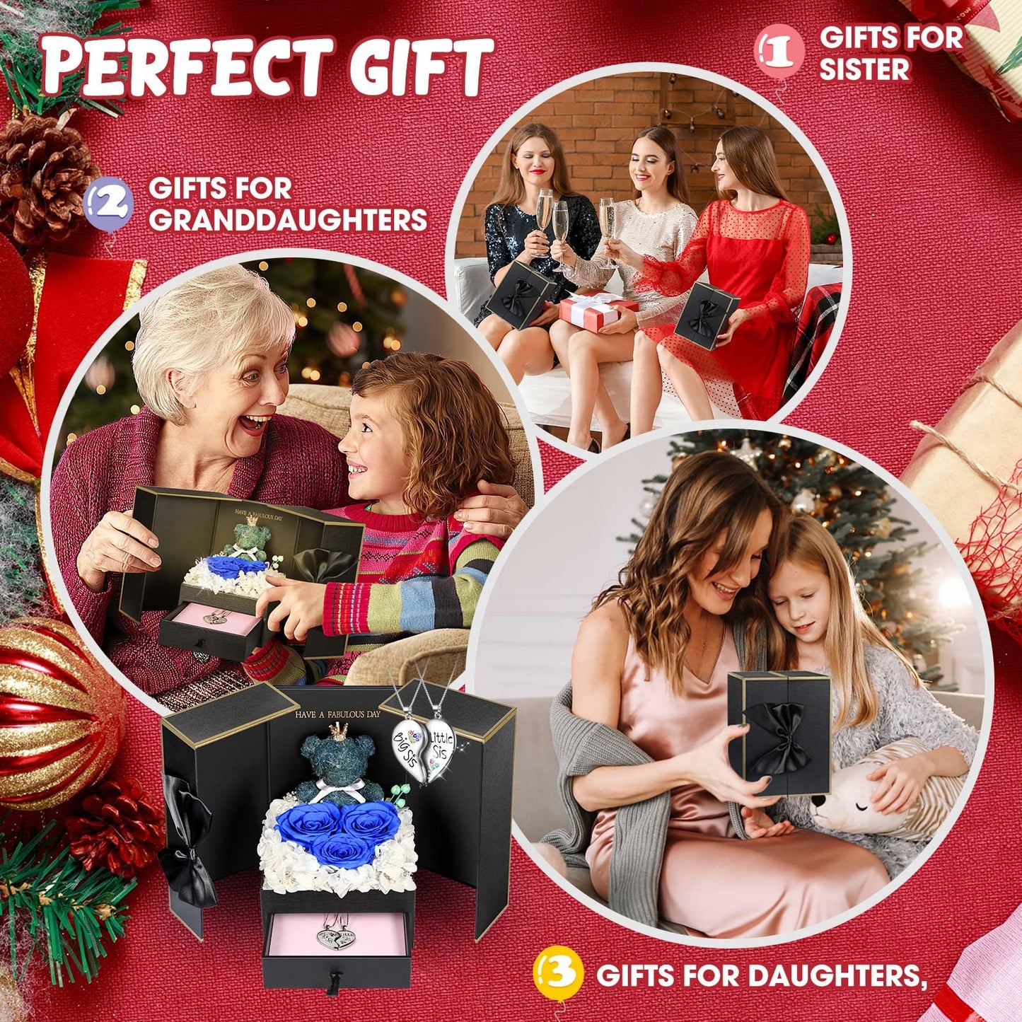 ADDWel Rose Gifts for Women Birthday Christmas - Preserved Real Roses Forever Red Flowers with I Love You in 100 Languages Necklace and Cute Moss Bear for Girlfriend Wife Mom Grandma