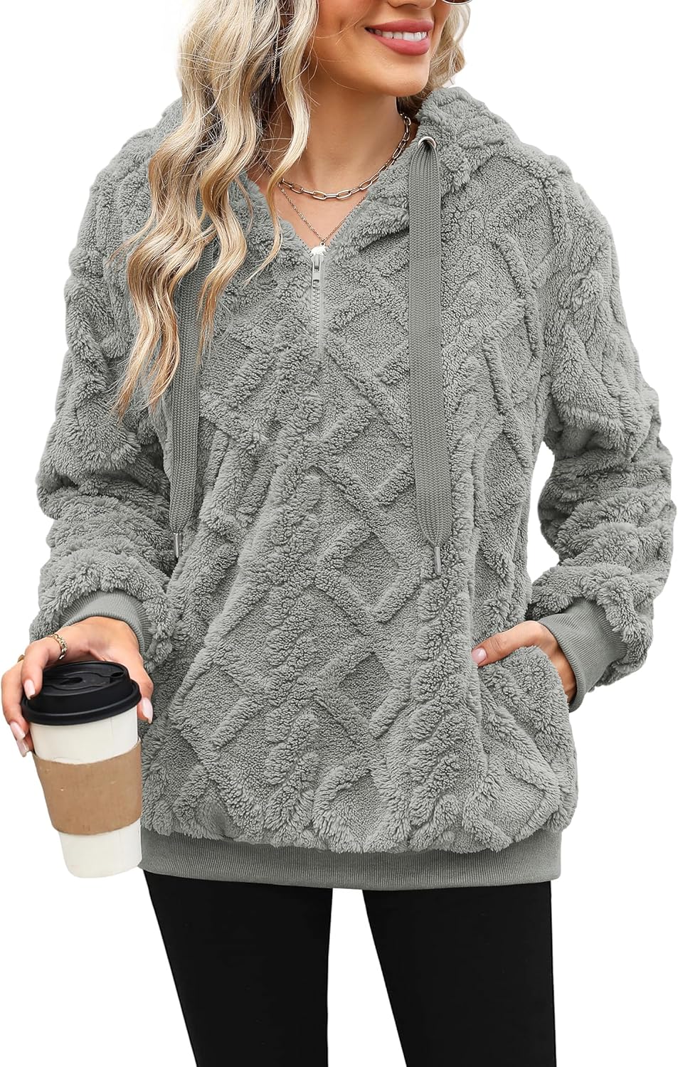 ReachMe Womens Oversized Sherpa Pullover Hoodie with Pockets Fuzzy Fleece Sweatshirt Plaid Fluffy Jacket Coat