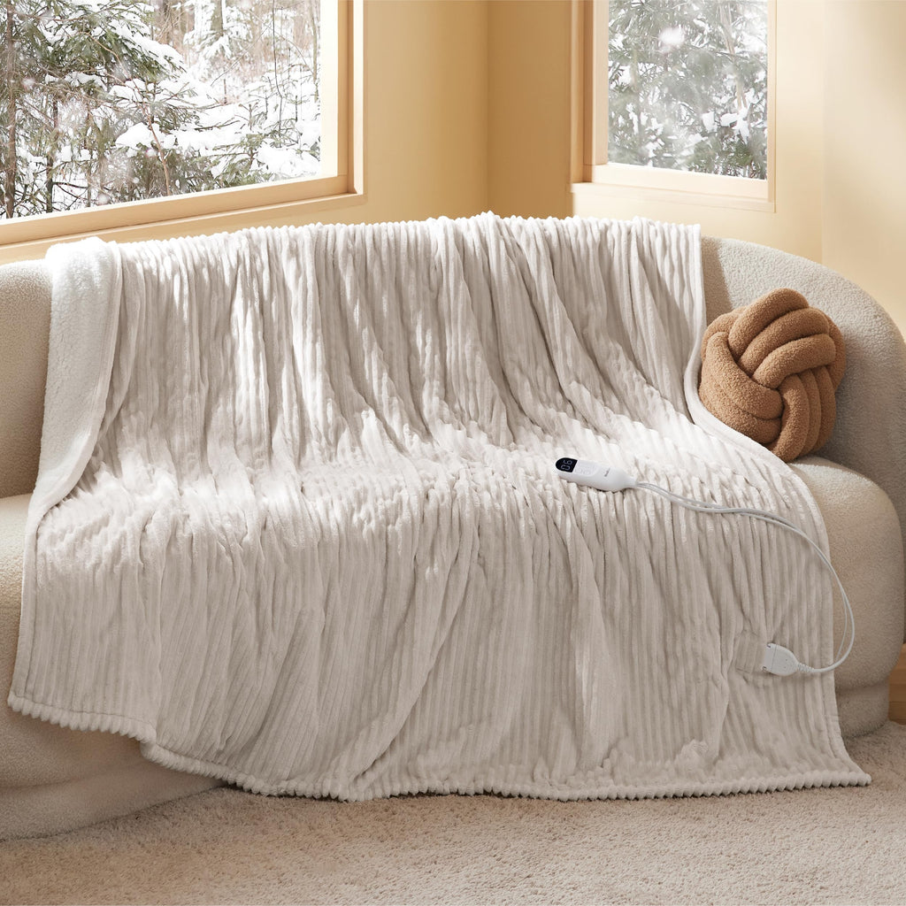Bedsure GentleSoft Heated Blanket Electric Throw - Soft Ribbed Flannel Electric Blanket, Heating with 4 Time Settings, 6 Heat Levels, 3 hrs Timer Auto Shut Off, Gifts for Grandma (50x60 inches, Grey)