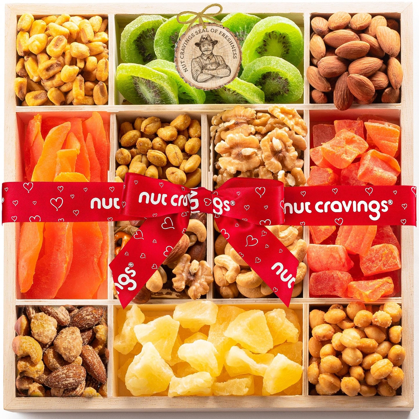 NUT CRAVINGS - Thanksgiving Mixed Nuts Gift Basket in Red Gold Box (7 Assortments, 1 LB) Holiday Xmas Christmas Food Arrangement, Healthy Snack Care Package, Food Assortments