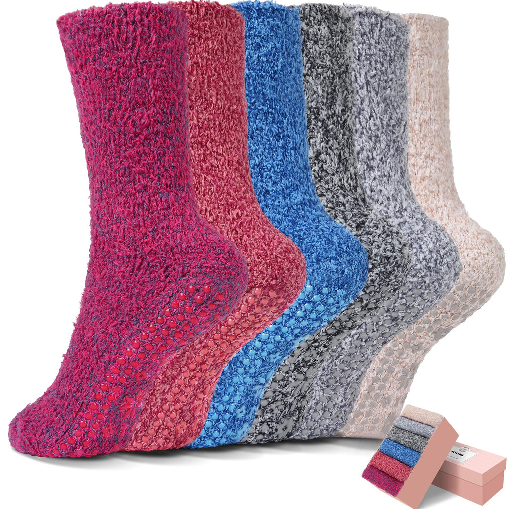 HUGSWEET 6 Pairs Thick Fuzzy Socks with Grip Cozy Non Slip Hospital Socks Home Fluffy Warm Slipper Socks Gifts for Women