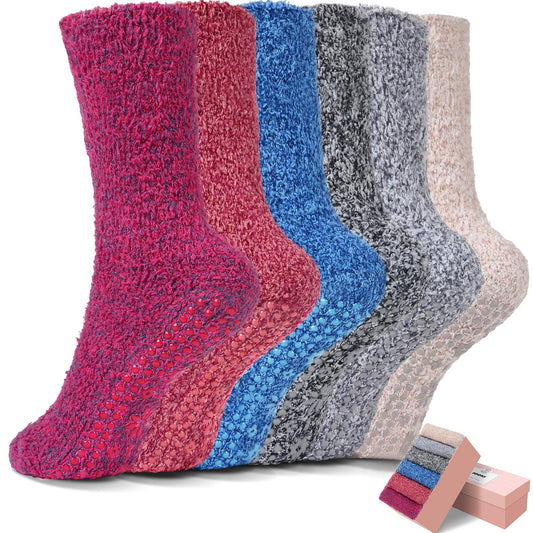 HUGSWEET 6 Pairs Thick Fuzzy Socks with Grip Cozy Non Slip Hospital Socks Home Fluffy Warm Slipper Socks Gifts for Women