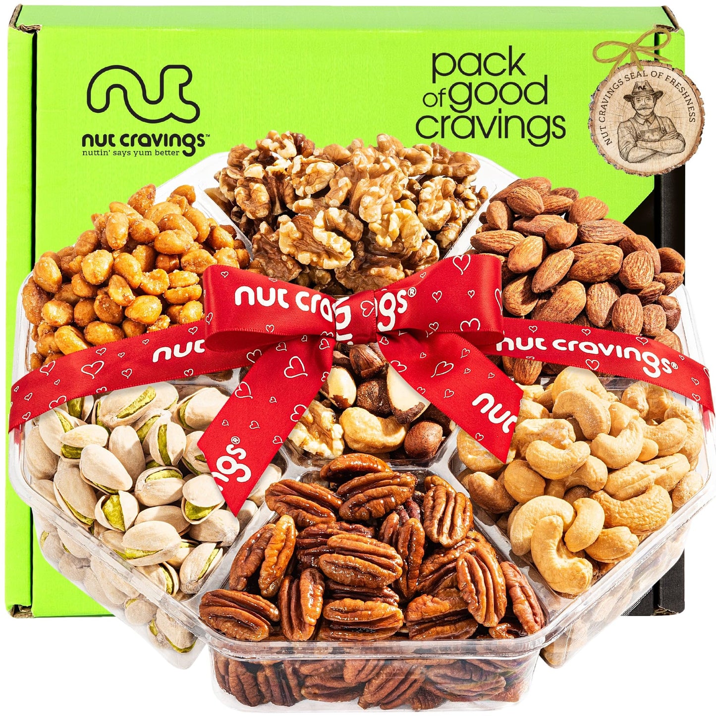 NUT CRAVINGS - Thanksgiving Mixed Nuts Gift Basket in Red Gold Box (7 Assortments, 1 LB) Holiday Xmas Christmas Food Arrangement, Healthy Snack Care Package, Food Assortments