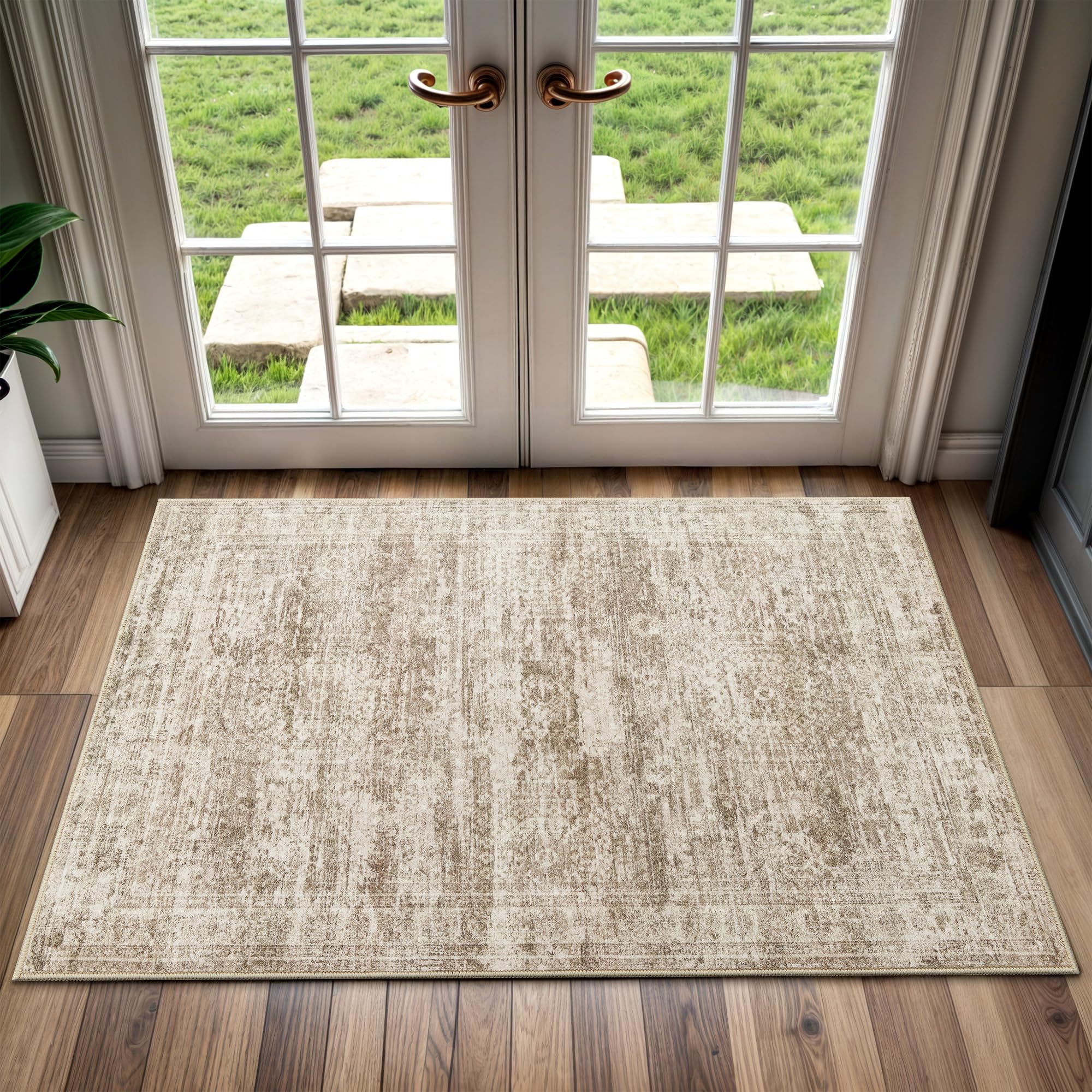 Washable Area Rug 8x10, Large Soft Rugs for Living Room Vintage Beige Carpet 8x10 Area Rugs for Bedroom Dining Room Non-Slip Stain Resistant Under Table Rug