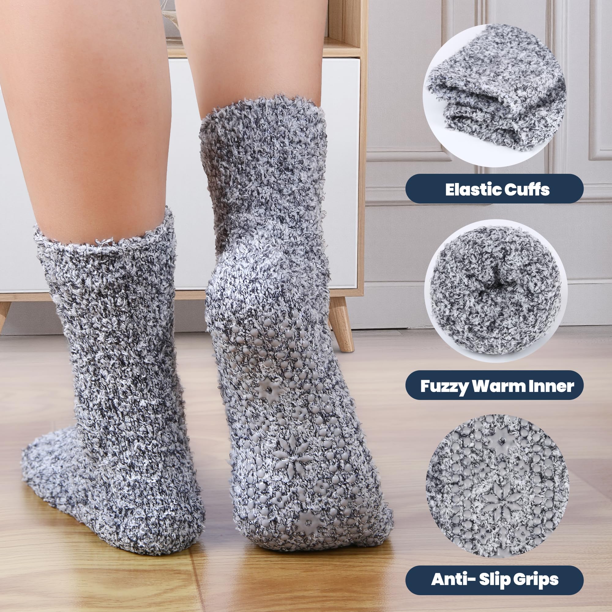HUGSWEET 6 Pairs Thick Fuzzy Socks with Grip Cozy Non Slip Hospital Socks Home Fluffy Warm Slipper Socks Gifts for Women