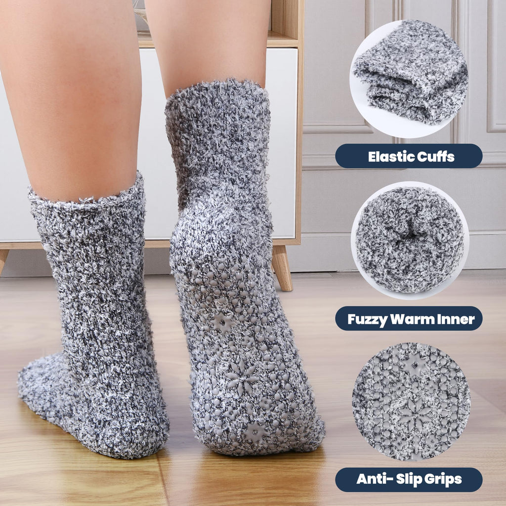 HUGSWEET 6 Pairs Thick Fuzzy Socks with Grip Cozy Non Slip Hospital Socks Home Fluffy Warm Slipper Socks Gifts for Women