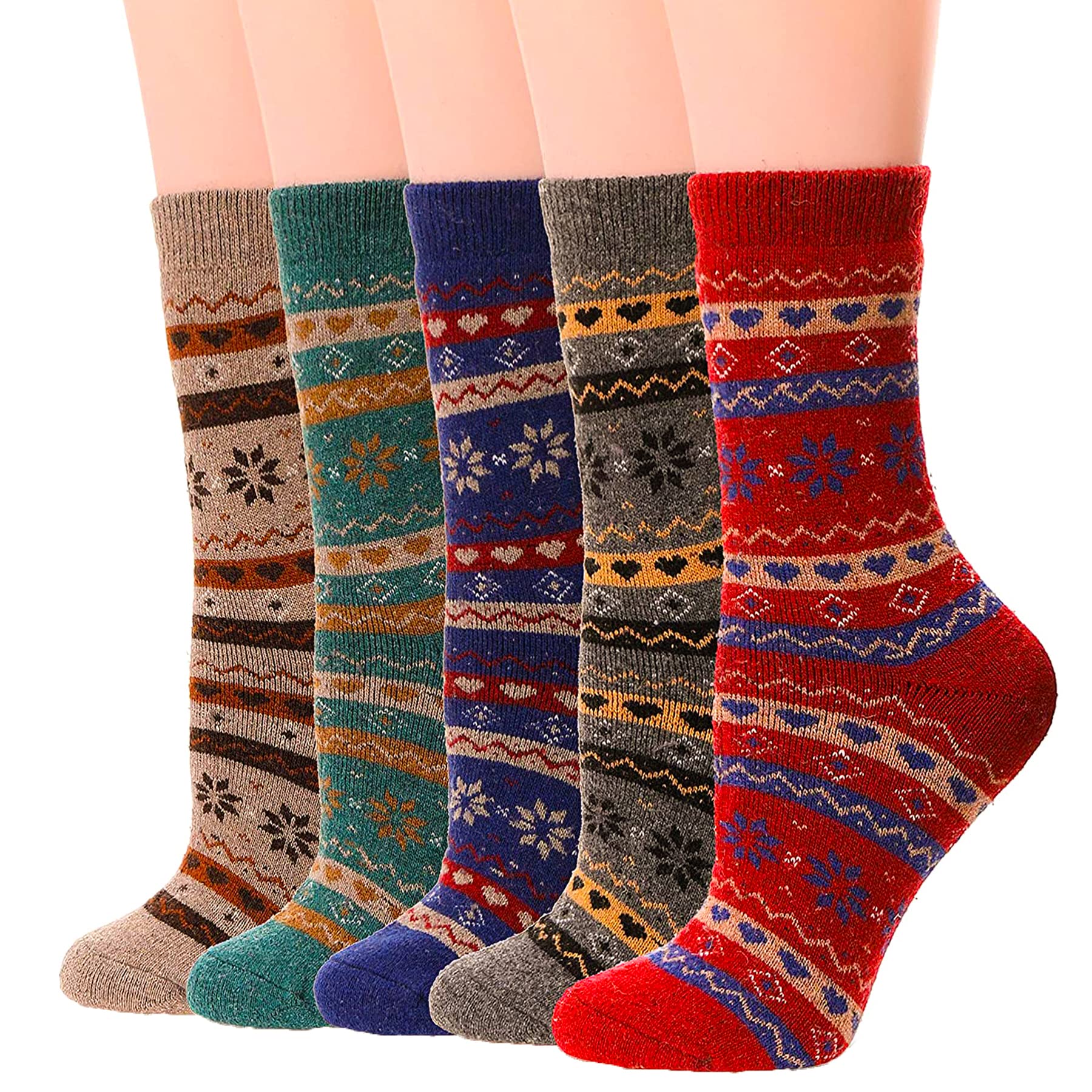 YZKKE 5Pack Womens Vintage Winter Soft Warm Thick Cold Knit Wool Crew Socks, Multicolor, free size