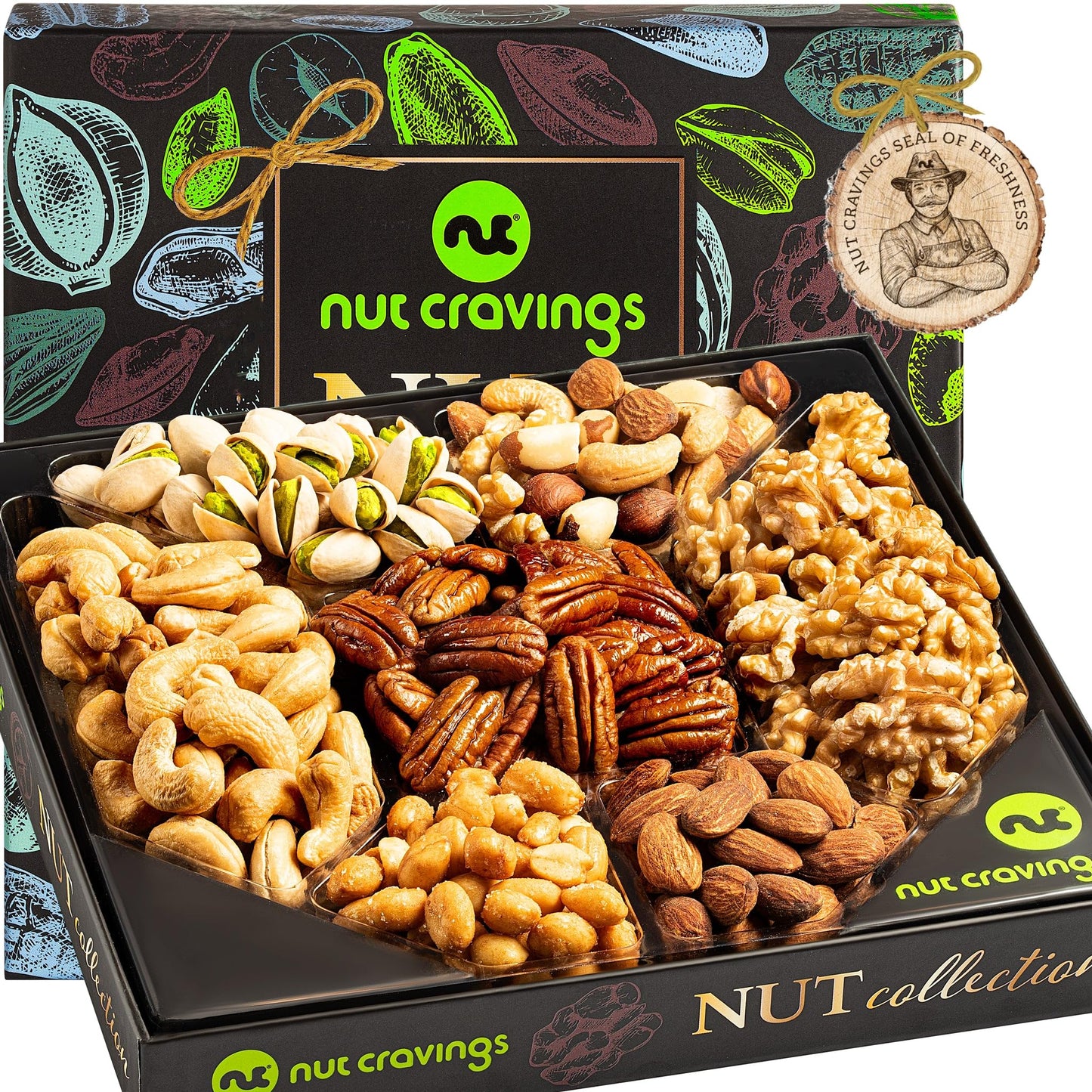 NUT CRAVINGS - Thanksgiving Mixed Nuts Gift Basket in Red Gold Box (7 Assortments, 1 LB) Holiday Xmas Christmas Food Arrangement, Healthy Snack Care Package, Food Assortments
