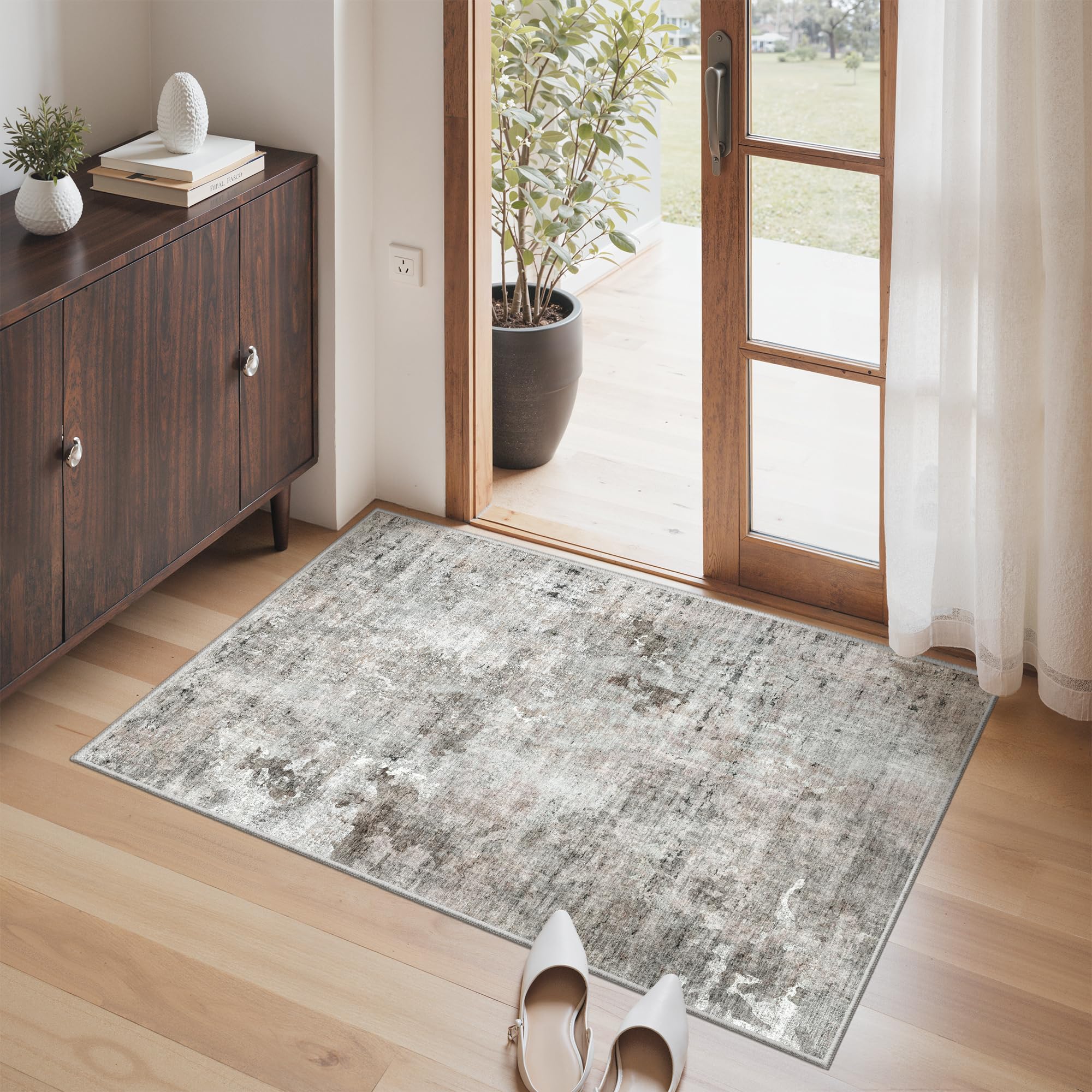 Washable Area Rug 8x10, Large Soft Rugs for Living Room Vintage Beige Carpet 8x10 Area Rugs for Bedroom Dining Room Non-Slip Stain Resistant Under Table Rug