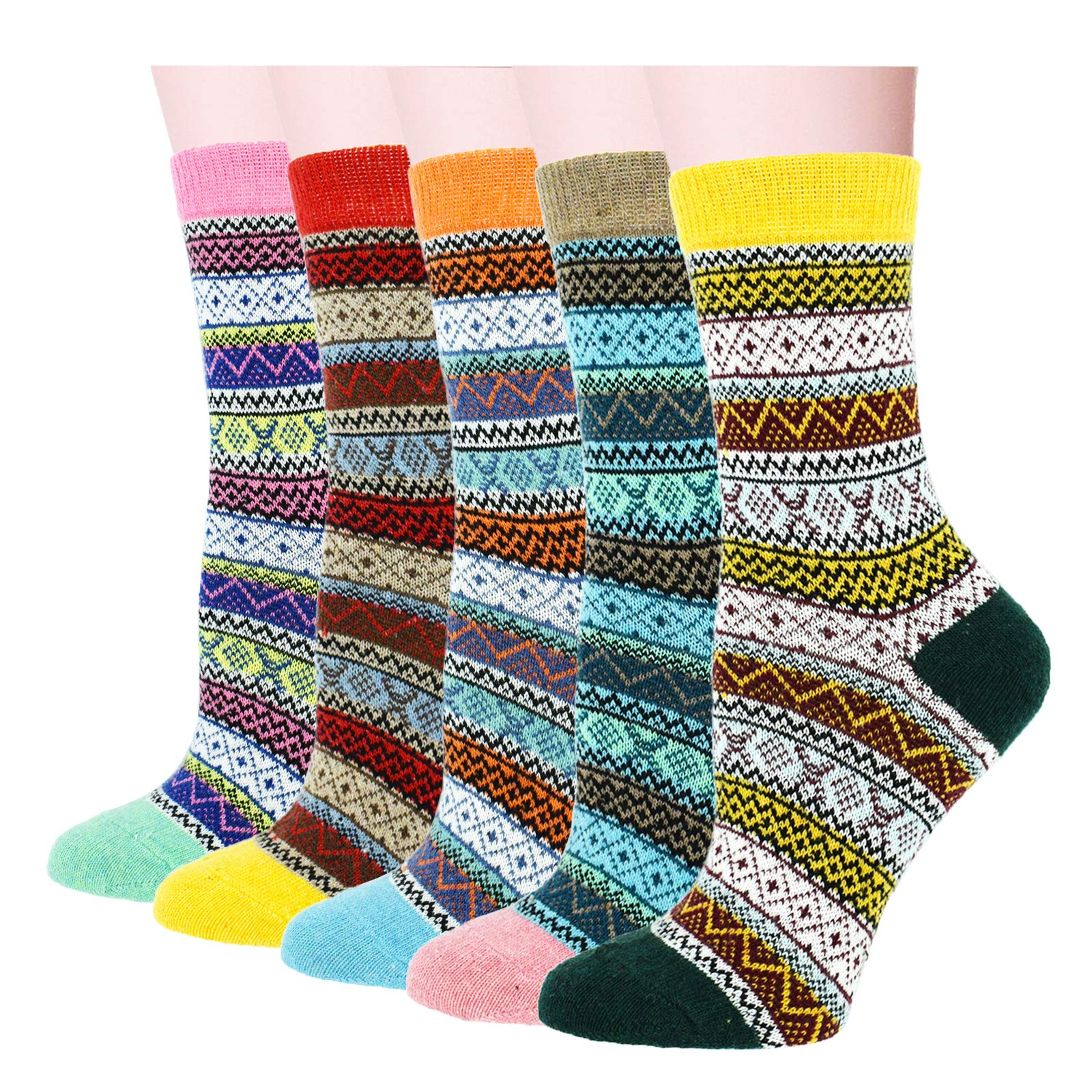 YZKKE 5Pack Womens Vintage Winter Soft Warm Thick Cold Knit Wool Crew Socks, Multicolor, free size