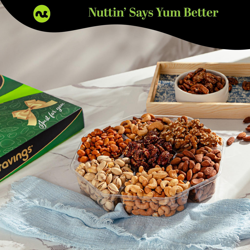 NUT CRAVINGS - Thanksgiving Mixed Nuts Gift Basket in Red Gold Box (7 Assortments, 1 LB) Holiday Xmas Christmas Food Arrangement, Healthy Snack Care Package, Food Assortments