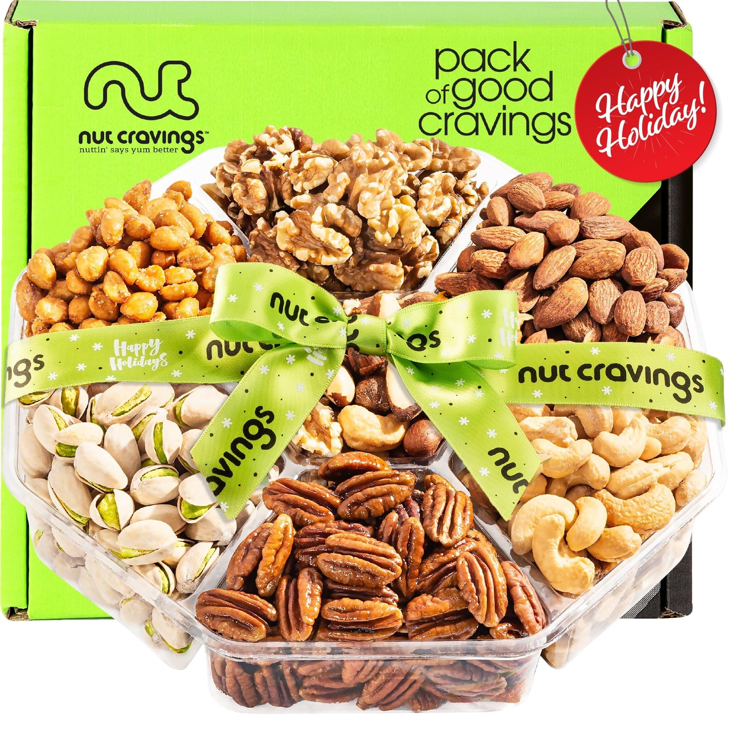 NUT CRAVINGS - Thanksgiving Mixed Nuts Gift Basket in Red Gold Box (7 Assortments, 1 LB) Holiday Xmas Christmas Food Arrangement, Healthy Snack Care Package, Food Assortments