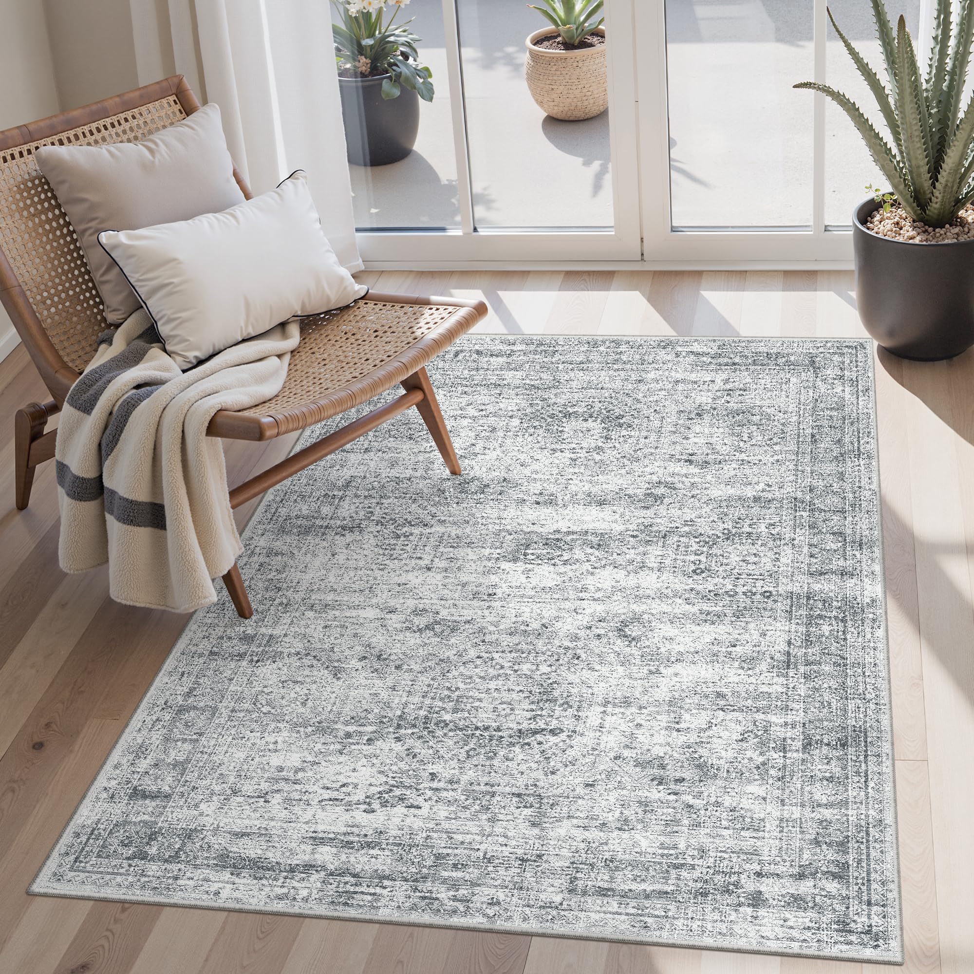 Washable Area Rug 8x10, Large Soft Rugs for Living Room Vintage Beige Carpet 8x10 Area Rugs for Bedroom Dining Room Non-Slip Stain Resistant Under Table Rug
