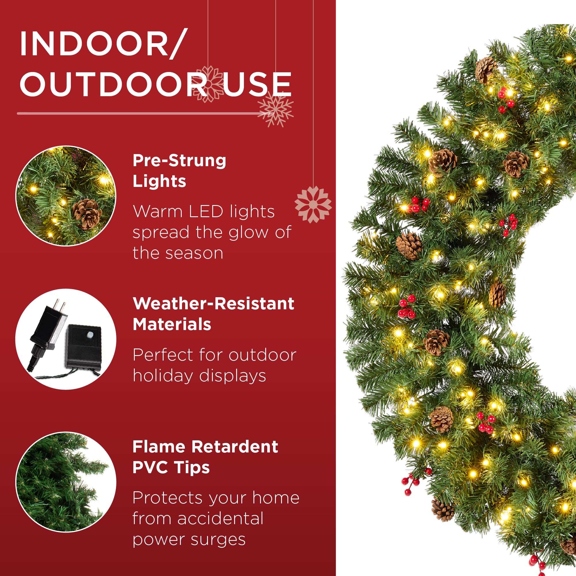 Best Choice Products 48in Large Artificial Pre-Lit Fir Christmas Wreath Holiday Accent Decoration w/ 200 LED Lights, 714 PVC Tips