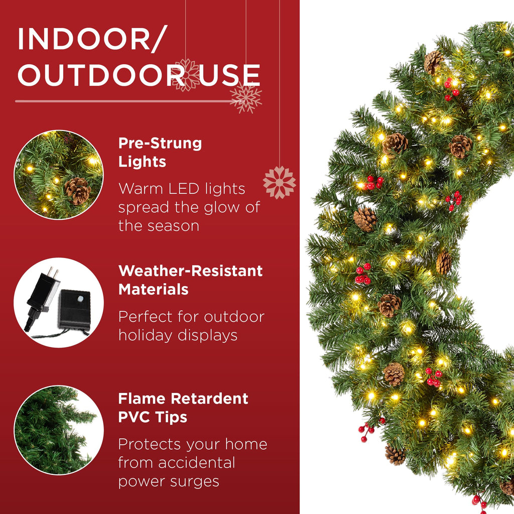 Best Choice Products 48in Large Artificial Pre-Lit Fir Christmas Wreath Holiday Accent Decoration w/ 200 LED Lights, 714 PVC Tips