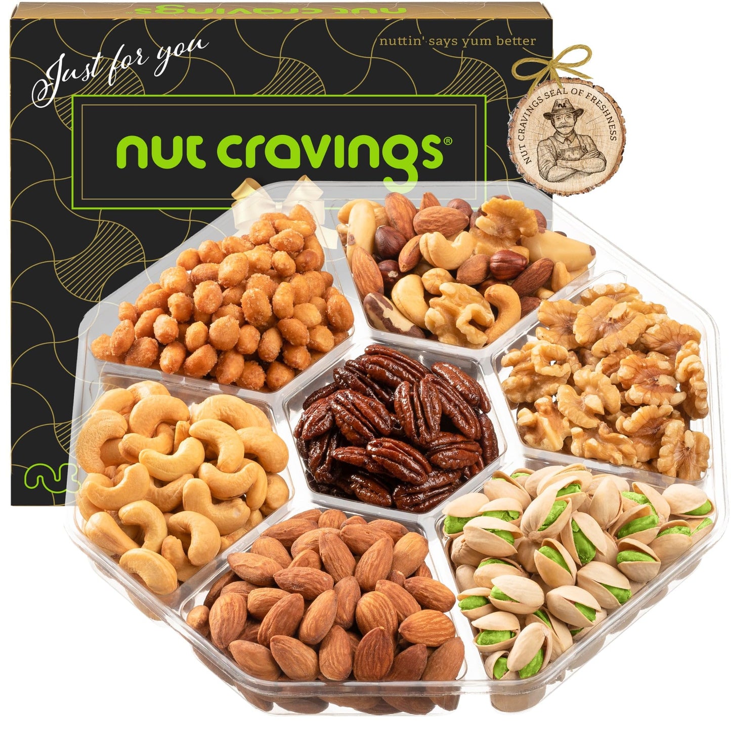 NUT CRAVINGS - Thanksgiving Mixed Nuts Gift Basket in Red Gold Box (7 Assortments, 1 LB) Holiday Xmas Christmas Food Arrangement, Healthy Snack Care Package, Food Assortments