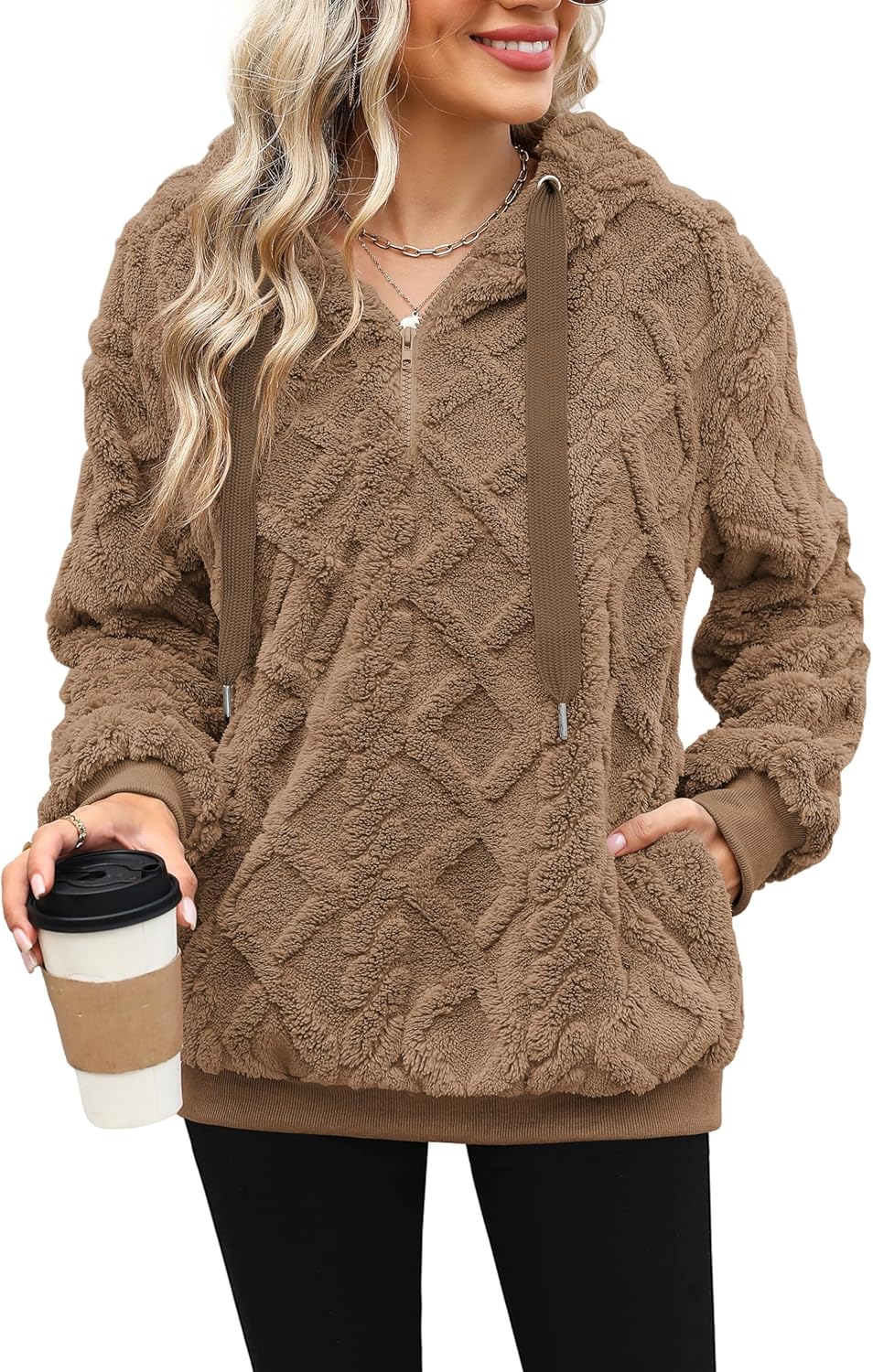 ReachMe Womens Oversized Sherpa Pullover Hoodie with Pockets Fuzzy Fleece Sweatshirt Plaid Fluffy Jacket Coat