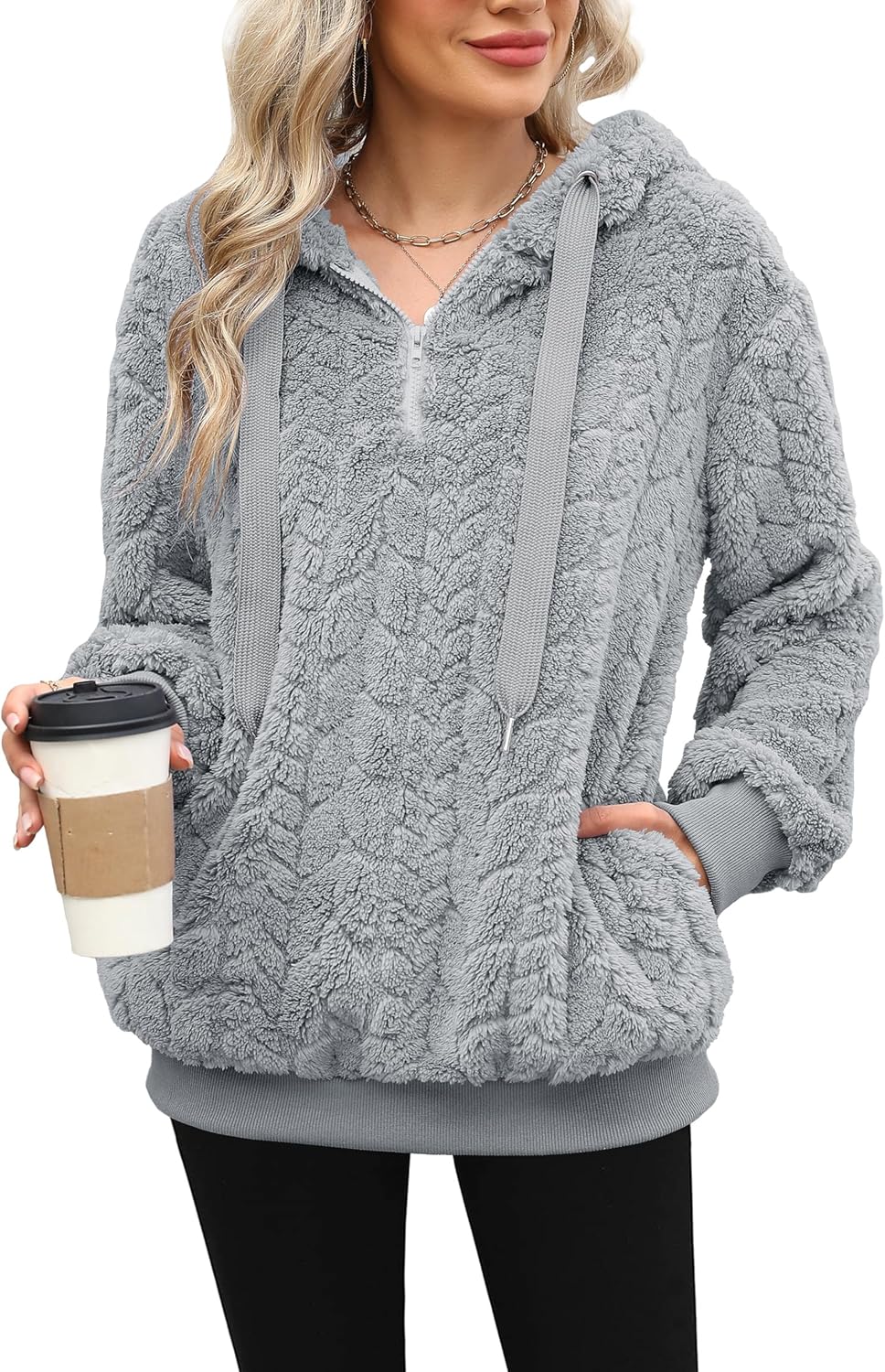 ReachMe Womens Oversized Sherpa Pullover Hoodie with Pockets Fuzzy Fleece Sweatshirt Plaid Fluffy Jacket Coat