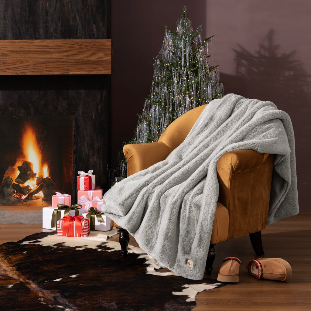 UGG Plush Faux Fur Throw Blanket Reversible Medium Weight Luxury Soft Throw Blankets for Bed or Chair, Hypoallergenic, Machine Washable, Home Decor, 50-inch x 70-inch, Charcoal Dark Grey (Euphoria)