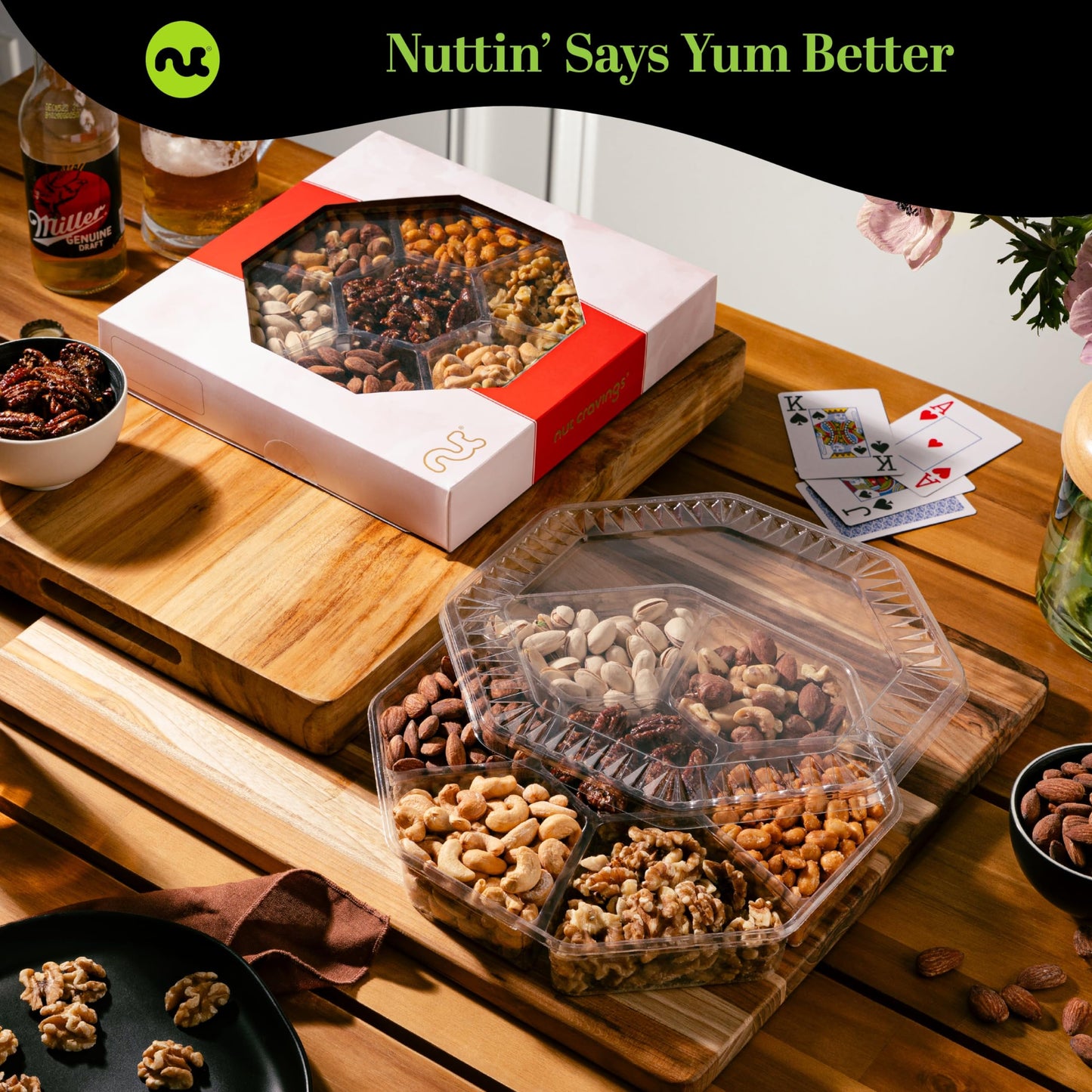 NUT CRAVINGS - Thanksgiving Mixed Nuts Gift Basket in Red Gold Box (7 Assortments, 1 LB) Holiday Xmas Christmas Food Arrangement, Healthy Snack Care Package, Food Assortments