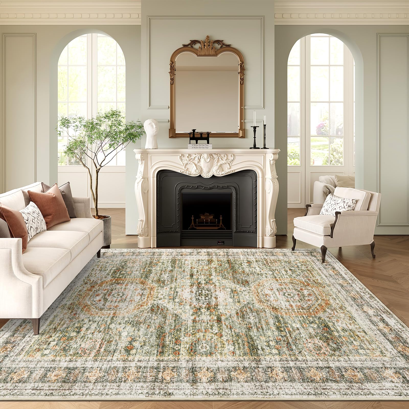 Washable Area Rug 8x10, Large Soft Rugs for Living Room Vintage Beige Carpet 8x10 Area Rugs for Bedroom Dining Room Non-Slip Stain Resistant Under Table Rug