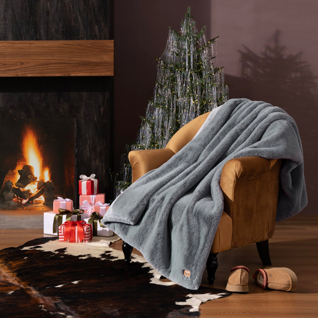 UGG Plush Faux Fur Throw Blanket Reversible Medium Weight Luxury Soft Throw Blankets for Bed or Chair, Hypoallergenic, Machine Washable, Home Decor, 50-inch x 70-inch, Charcoal Dark Grey (Euphoria)