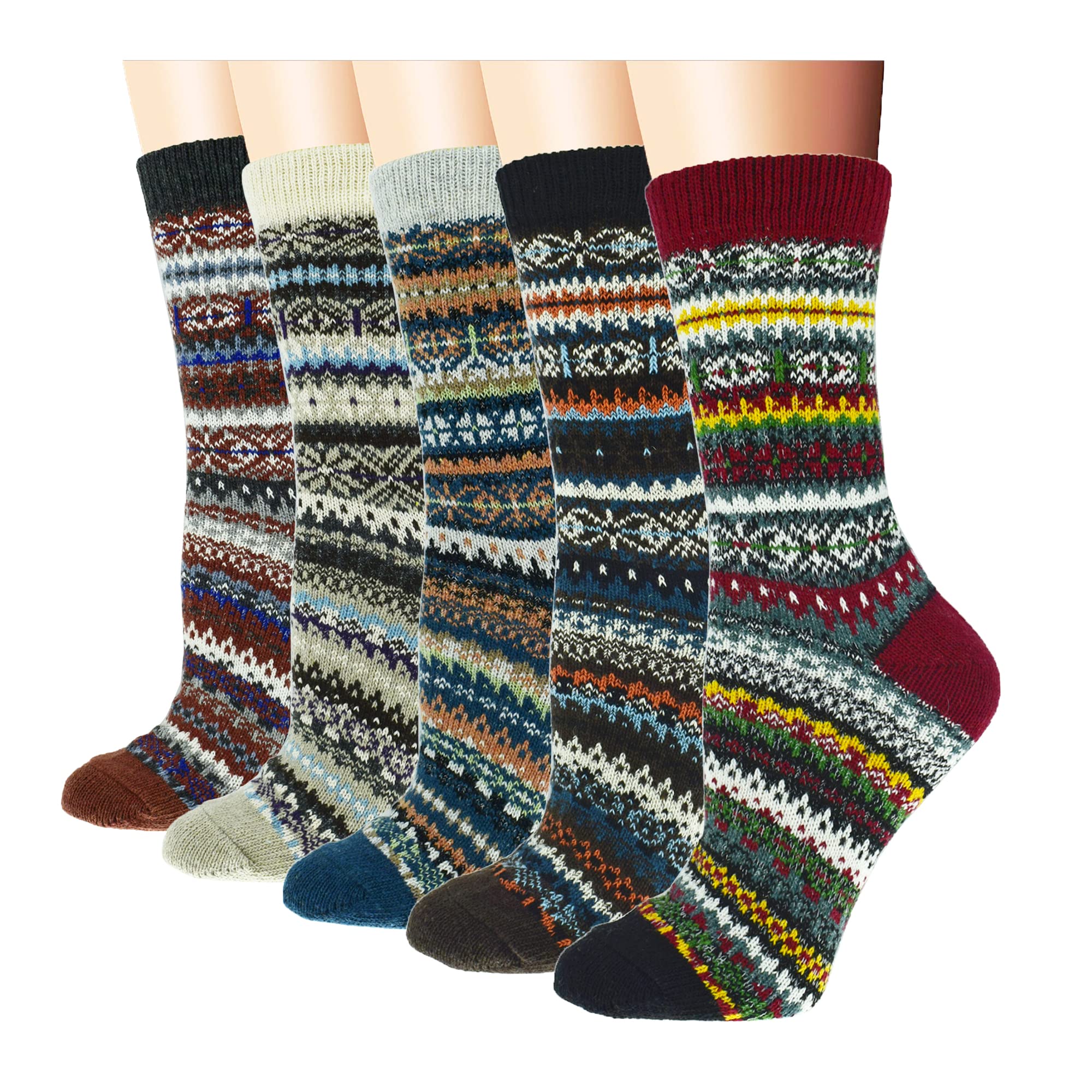 YZKKE 5Pack Womens Vintage Winter Soft Warm Thick Cold Knit Wool Crew Socks, Multicolor, free size