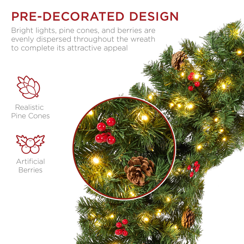 Best Choice Products 48in Large Artificial Pre-Lit Fir Christmas Wreath Holiday Accent Decoration w/ 200 LED Lights, 714 PVC Tips