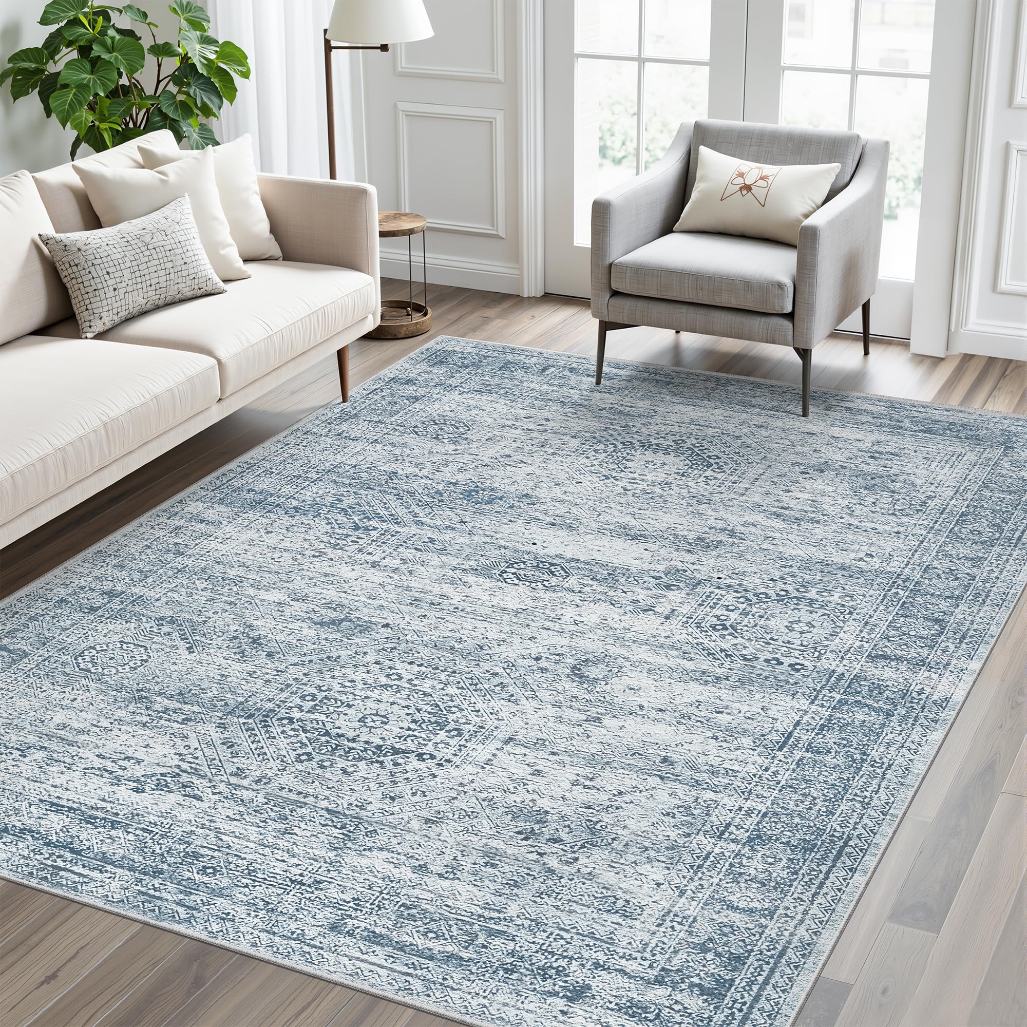 Washable Area Rug 8x10, Large Soft Rugs for Living Room Vintage Beige Carpet 8x10 Area Rugs for Bedroom Dining Room Non-Slip Stain Resistant Under Table Rug