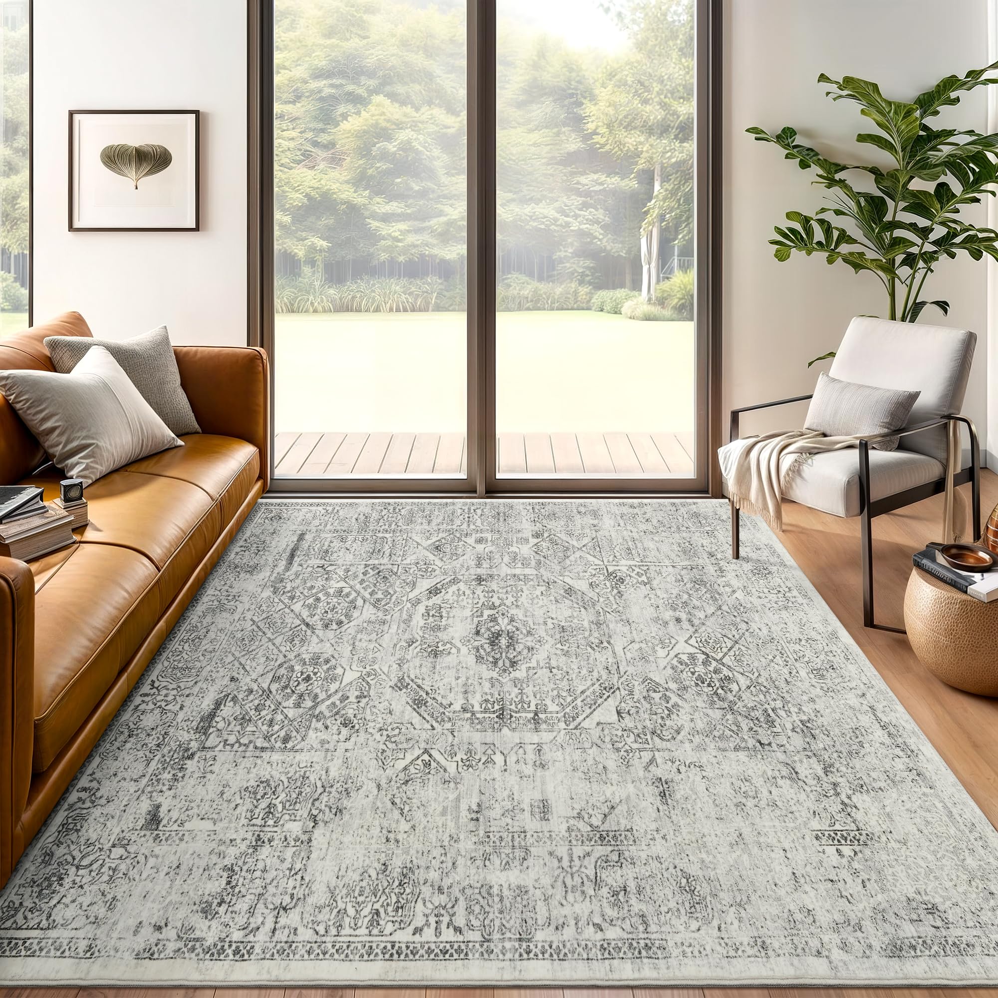 Washable Area Rug 8x10, Large Soft Rugs for Living Room Vintage Beige Carpet 8x10 Area Rugs for Bedroom Dining Room Non-Slip Stain Resistant Under Table Rug