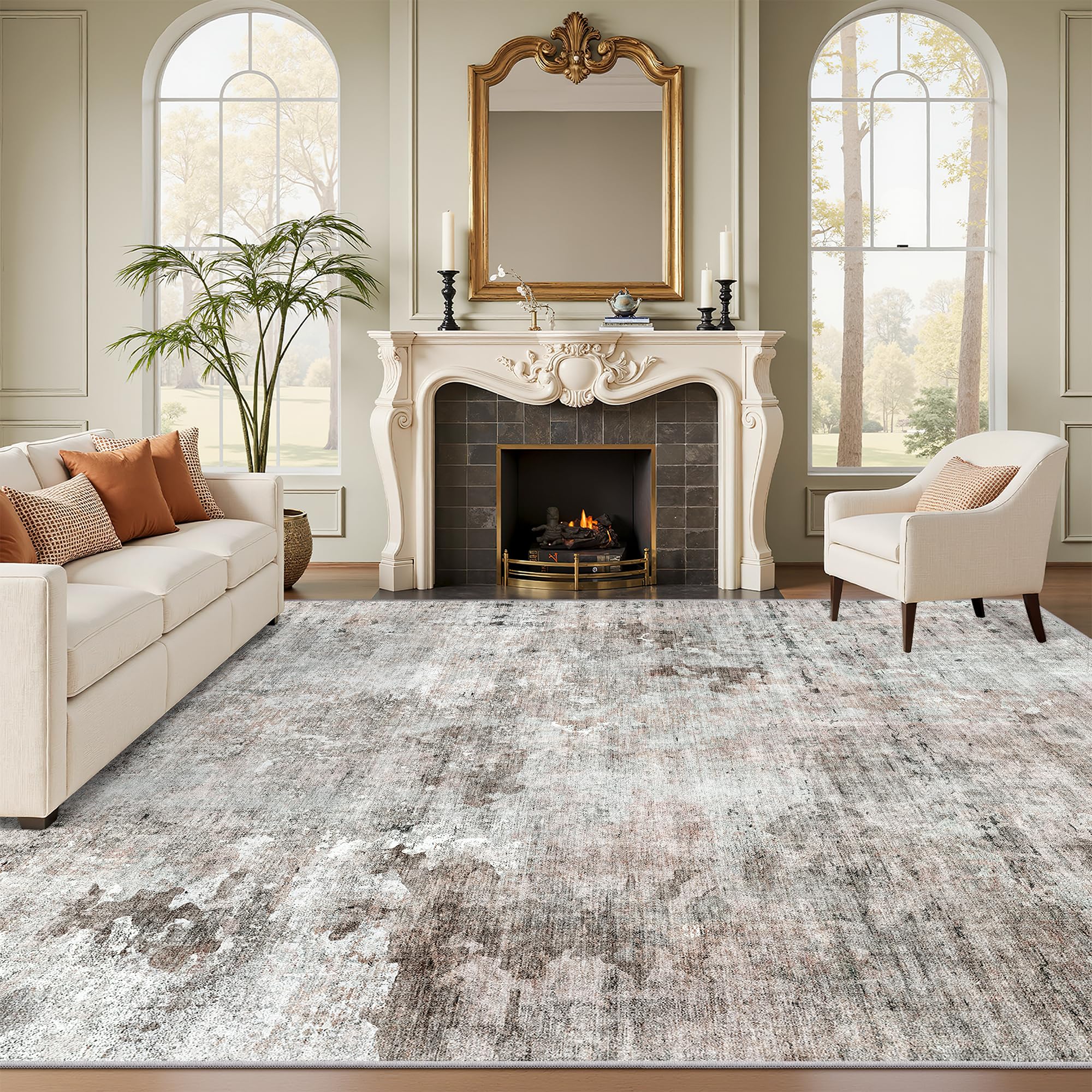 Washable Area Rug 8x10, Large Soft Rugs for Living Room Vintage Beige Carpet 8x10 Area Rugs for Bedroom Dining Room Non-Slip Stain Resistant Under Table Rug