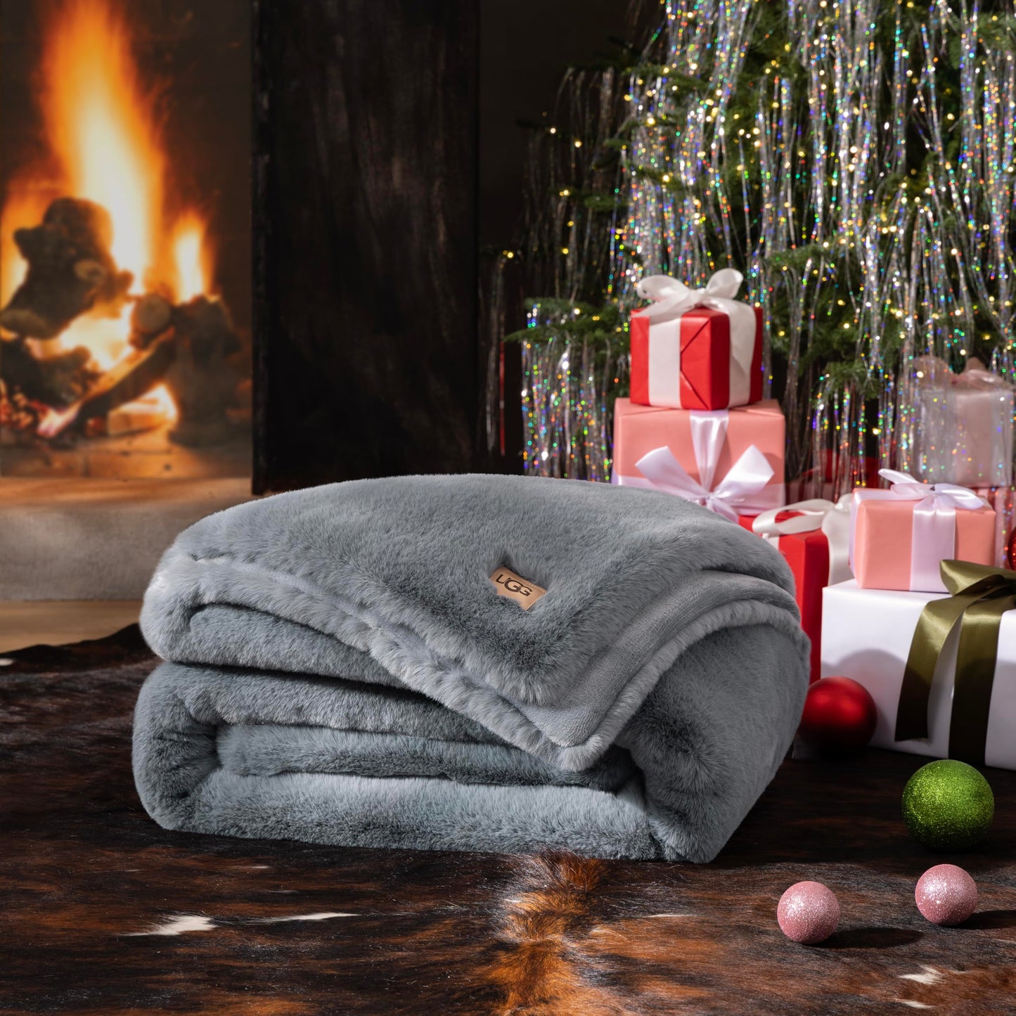 UGG Plush Faux Fur Throw Blanket Reversible Medium Weight Luxury Soft Throw Blankets for Bed or Chair, Hypoallergenic, Machine Washable, Home Decor, 50-inch x 70-inch, Charcoal Dark Grey (Euphoria)