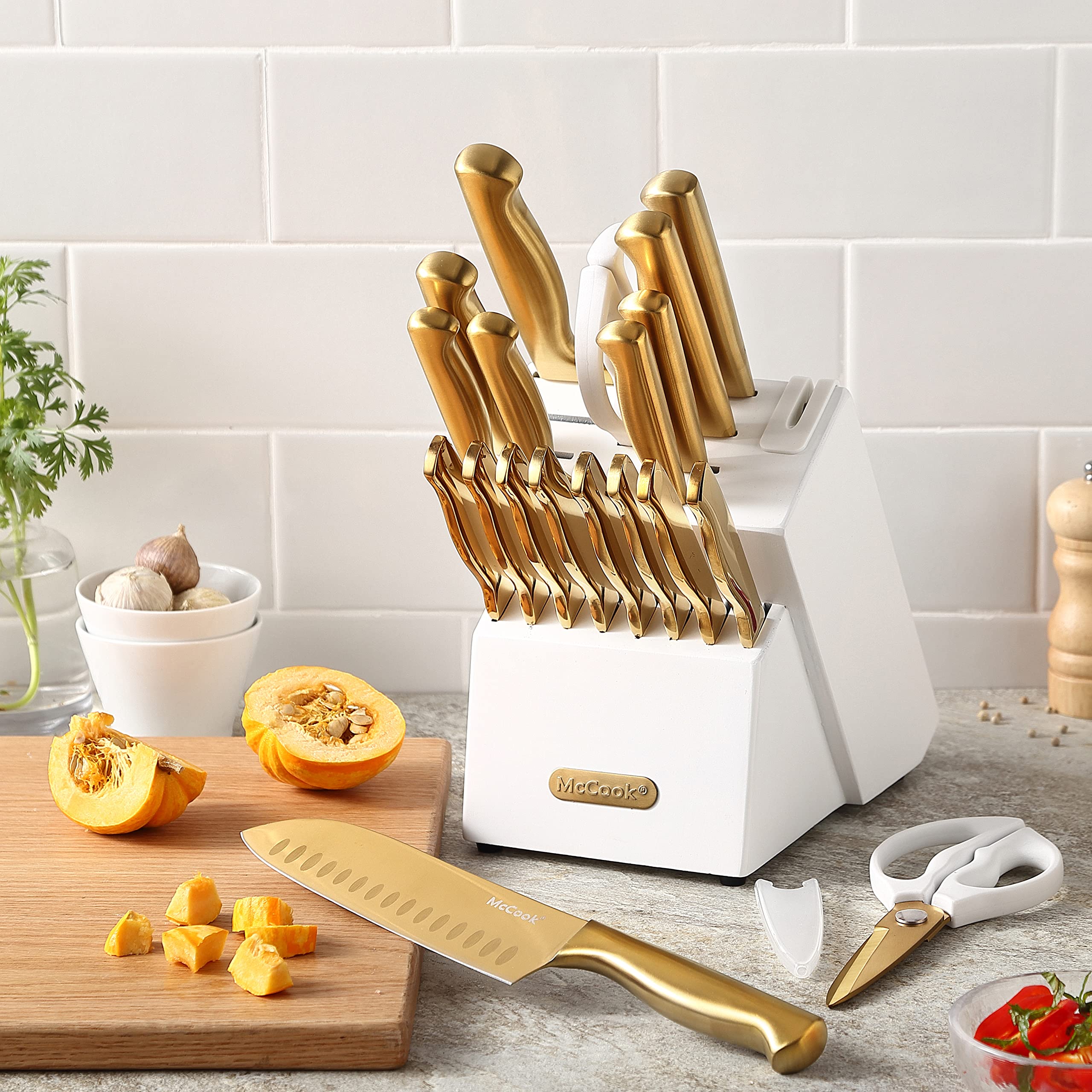 McCook® Knife Sets, German Stainless Steel Kitchen Knife Block Sets with Built-in Sharpener