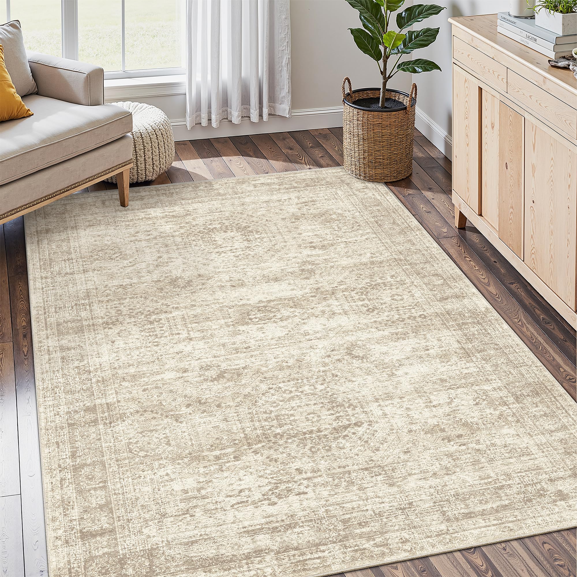 Washable Area Rug 8x10, Large Soft Rugs for Living Room Vintage Beige Carpet 8x10 Area Rugs for Bedroom Dining Room Non-Slip Stain Resistant Under Table Rug