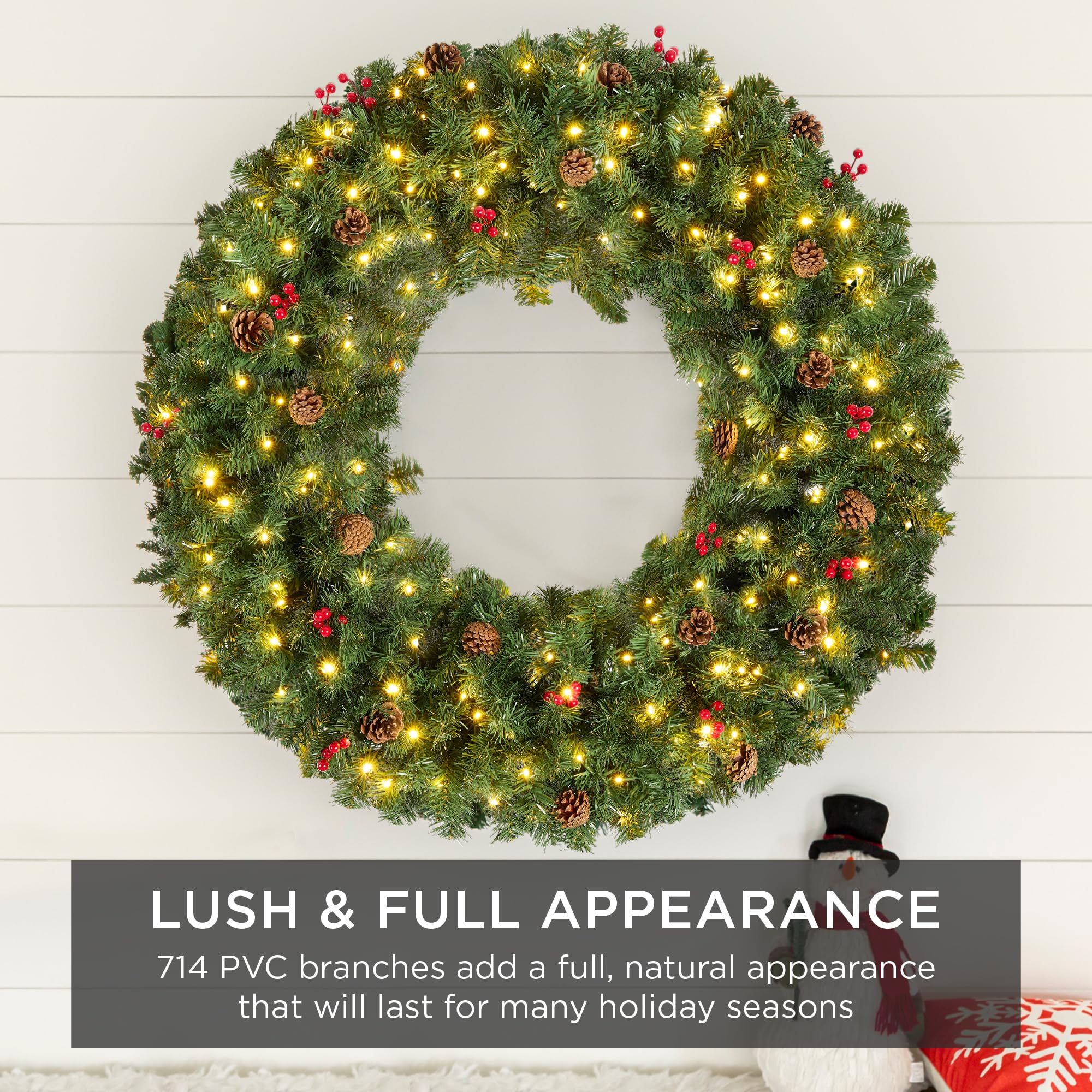 Best Choice Products 48in Large Artificial Pre-Lit Fir Christmas Wreath Holiday Accent Decoration w/ 200 LED Lights, 714 PVC Tips