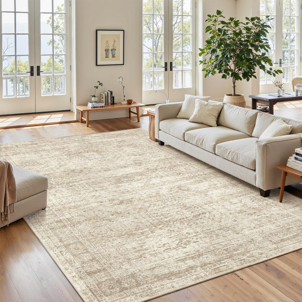 Washable Area Rug 8x10, Large Soft Rugs for Living Room Vintage Beige Carpet 8x10 Area Rugs for Bedroom Dining Room Non-Slip Stain Resistant Under Table Rug