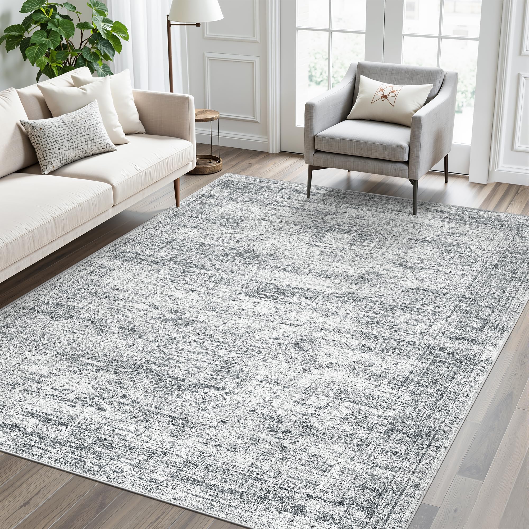 Washable Area Rug 8x10, Large Soft Rugs for Living Room Vintage Beige Carpet 8x10 Area Rugs for Bedroom Dining Room Non-Slip Stain Resistant Under Table Rug