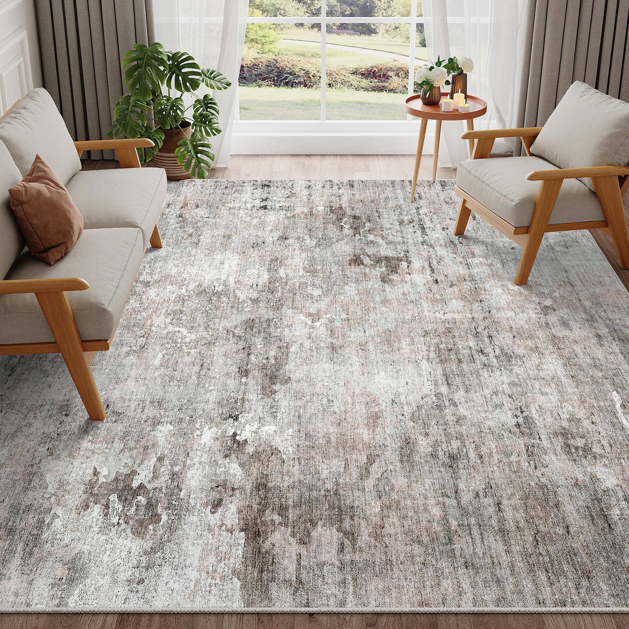 Washable Area Rug 8x10, Large Soft Rugs for Living Room Vintage Beige Carpet 8x10 Area Rugs for Bedroom Dining Room Non-Slip Stain Resistant Under Table Rug