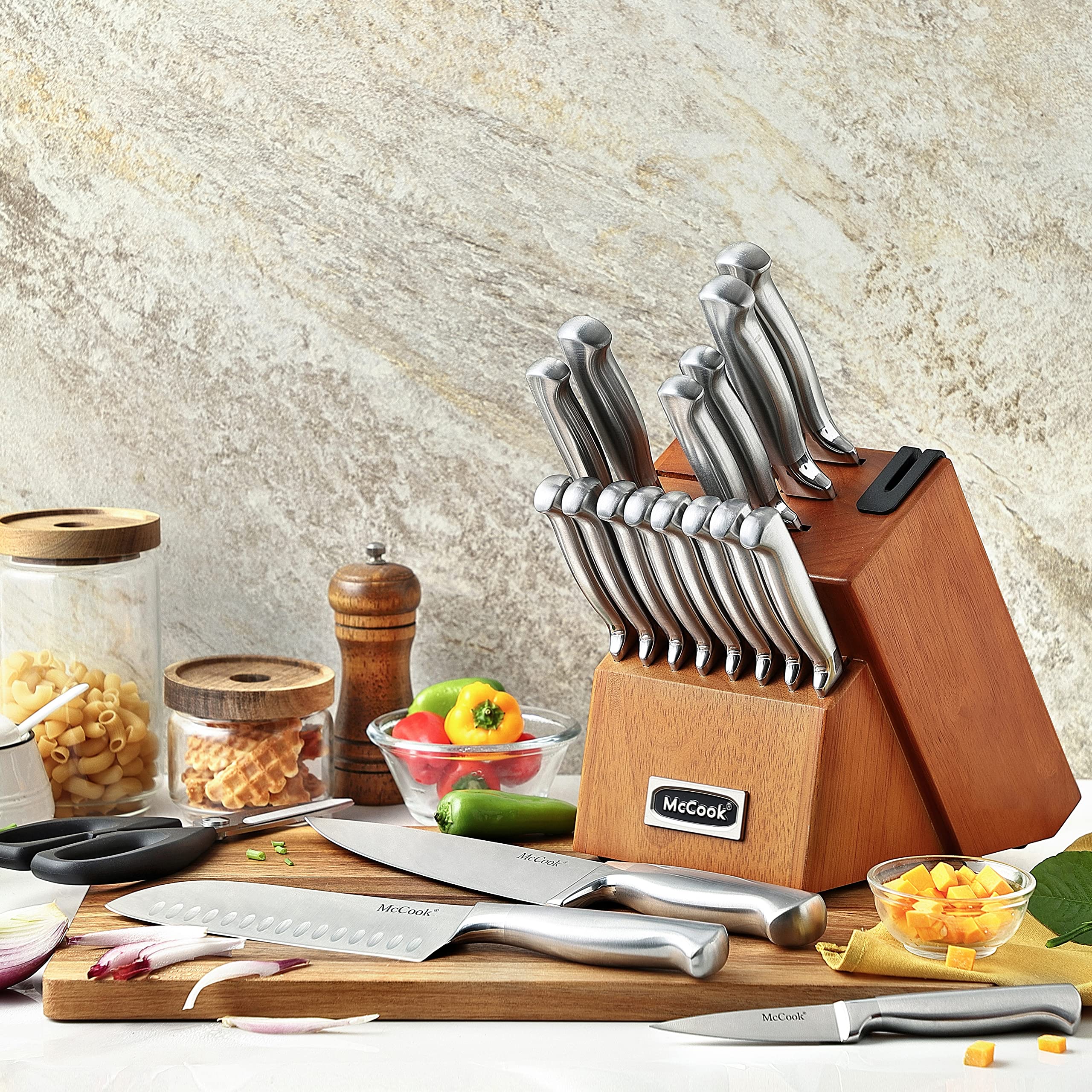 McCook® Knife Sets, German Stainless Steel Kitchen Knife Block Sets with Built-in Sharpener