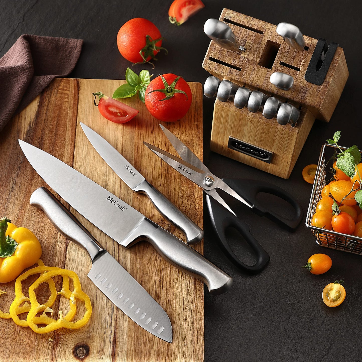 McCook® Knife Sets, German Stainless Steel Kitchen Knife Block Sets with Built-in Sharpener