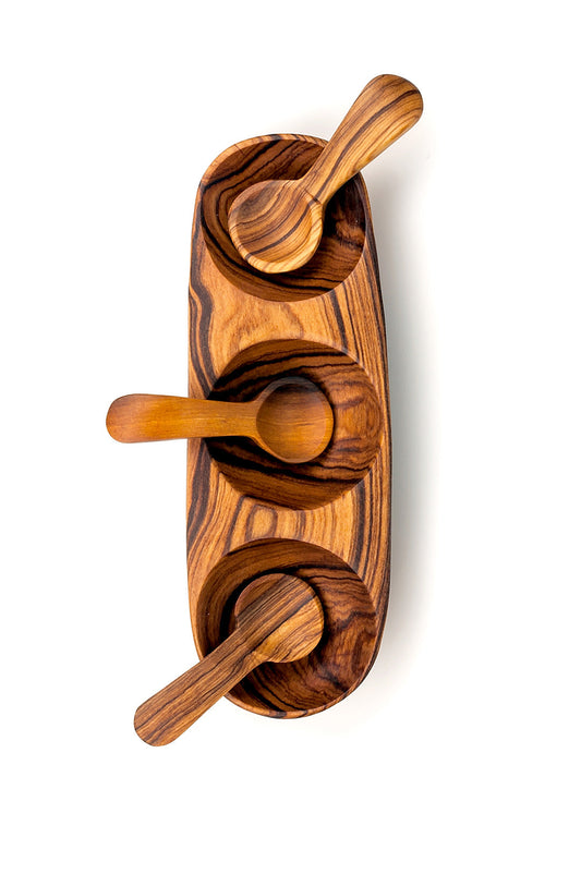 Triple Wild Olive Wood Spice Bowl with Spoons