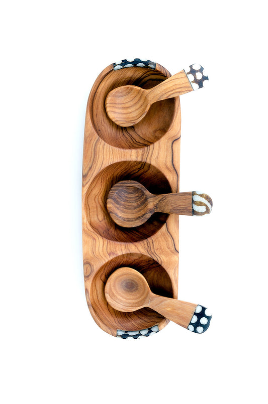 Triple Wild Olive Wood and Batik Bone Spice Bowl with Spoons