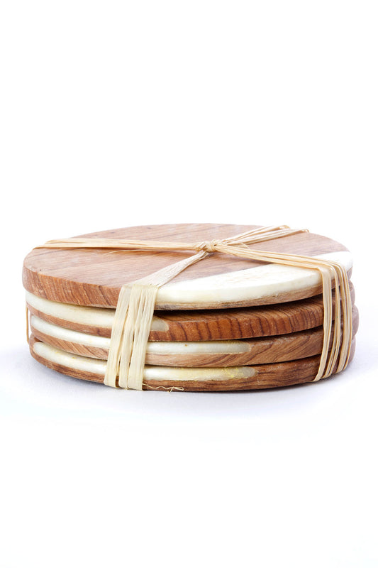 Set of Four Kenyan Wild Olive Wood Coasters with White Bone Inlay